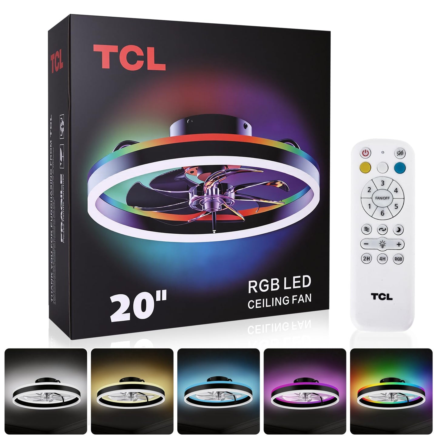 TCL 20'' Flush Mount Ceiling Fan with Lights and Remote, RGB Backlight Dual Lighting Mode, Modern Low Profile Ceiling Fan with Quiet DC Motor, Stylish