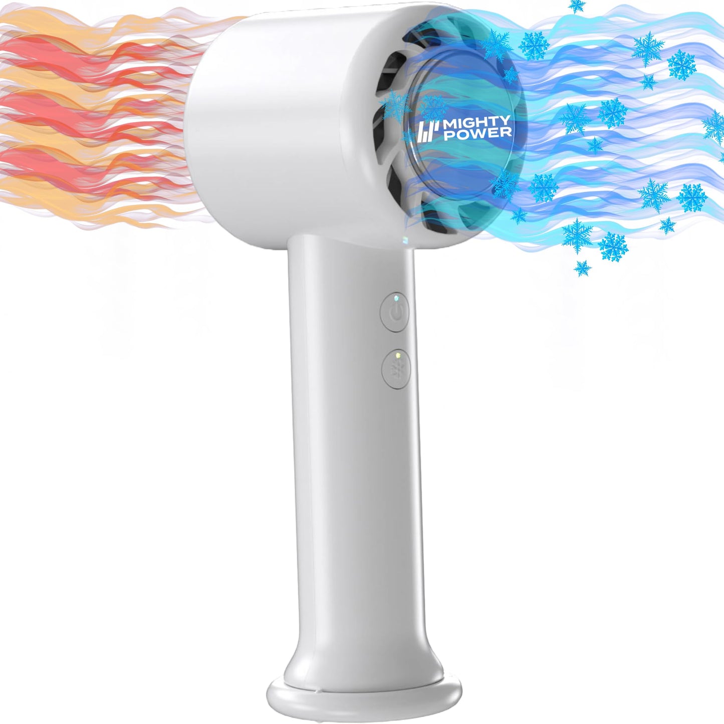 Mighty Power Handheld Air Fan, 3 Speeds, Rechargeable USB-C, Instant Cooling Tech, 10 Hrs Runtime, Compact, Gift, Travel, Camping, Beach, White, 6.5