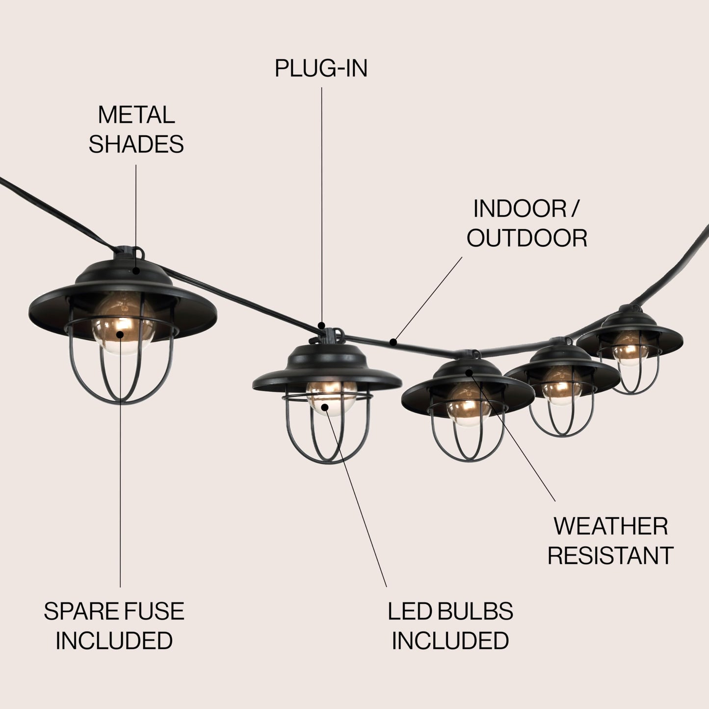 JONATHAN Y 10' Black 10-Light Rustic Farmhouse LED String Lights for Patio, Metal Cage Shade, Weatherproof Connectable Outdoor Hanging Lights, UL