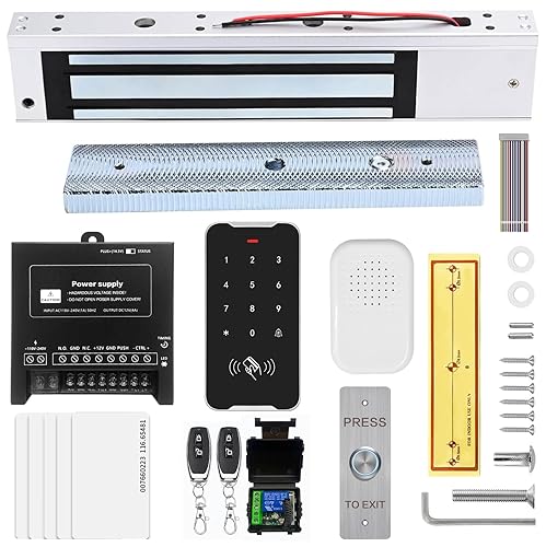 Door Access Control System Kit Set with 280kg/600lbs Electric Magnetic Lock, RFID Keypad, Two Remotes,DC12V/5A Power Supply,Stainless Steel Push