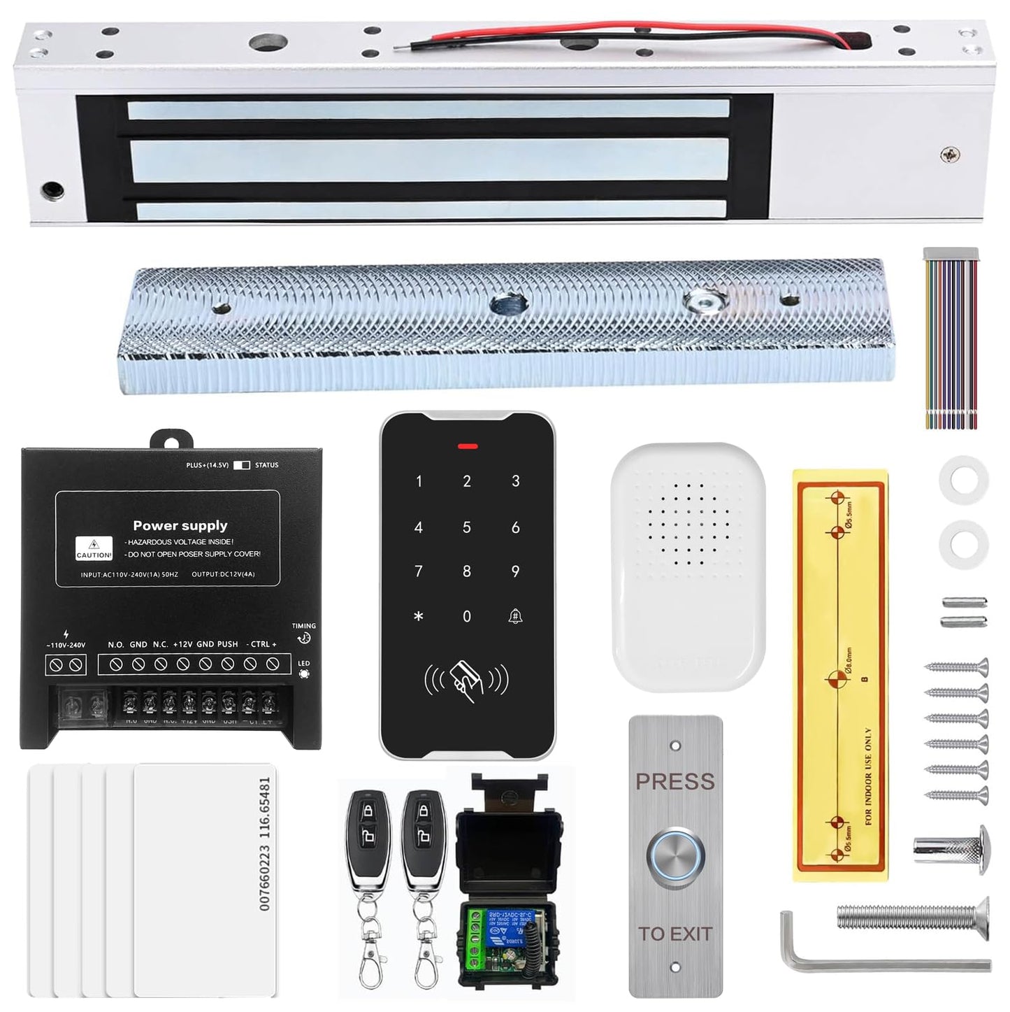 Door Access Control System Kit Set with 280kg/600lbs Electric Magnetic Lock, RFID Keypad, Two Remotes,DC12V/5A Power Supply,Stainless Steel Push