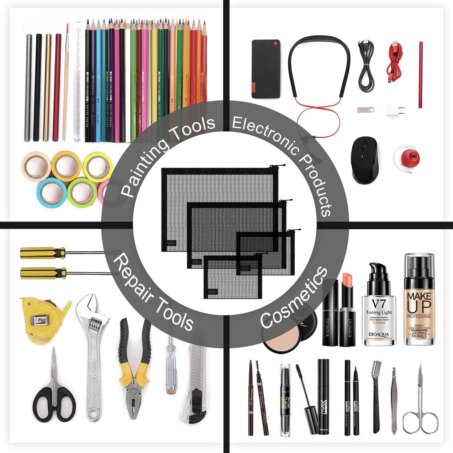 EASYFUN 4PCS Mesh Makeup Pouch – Zipper Cosmetic Organizer Bags for Women, Travel Toiletry Pouches for Small Items, Black Set