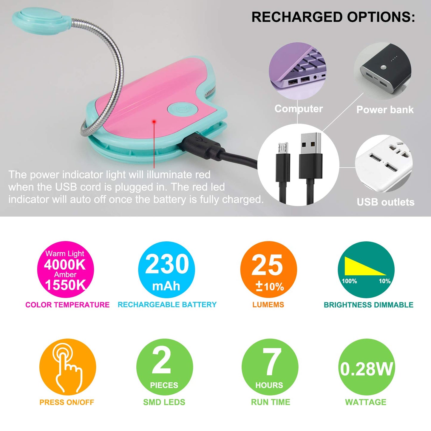 BIGMONAT Rechargeable Reading Book Light, Amber Reading Lighting for Kids Blue-Light Blocking,Portable LED Reading Lamp with 360° Rotary Light