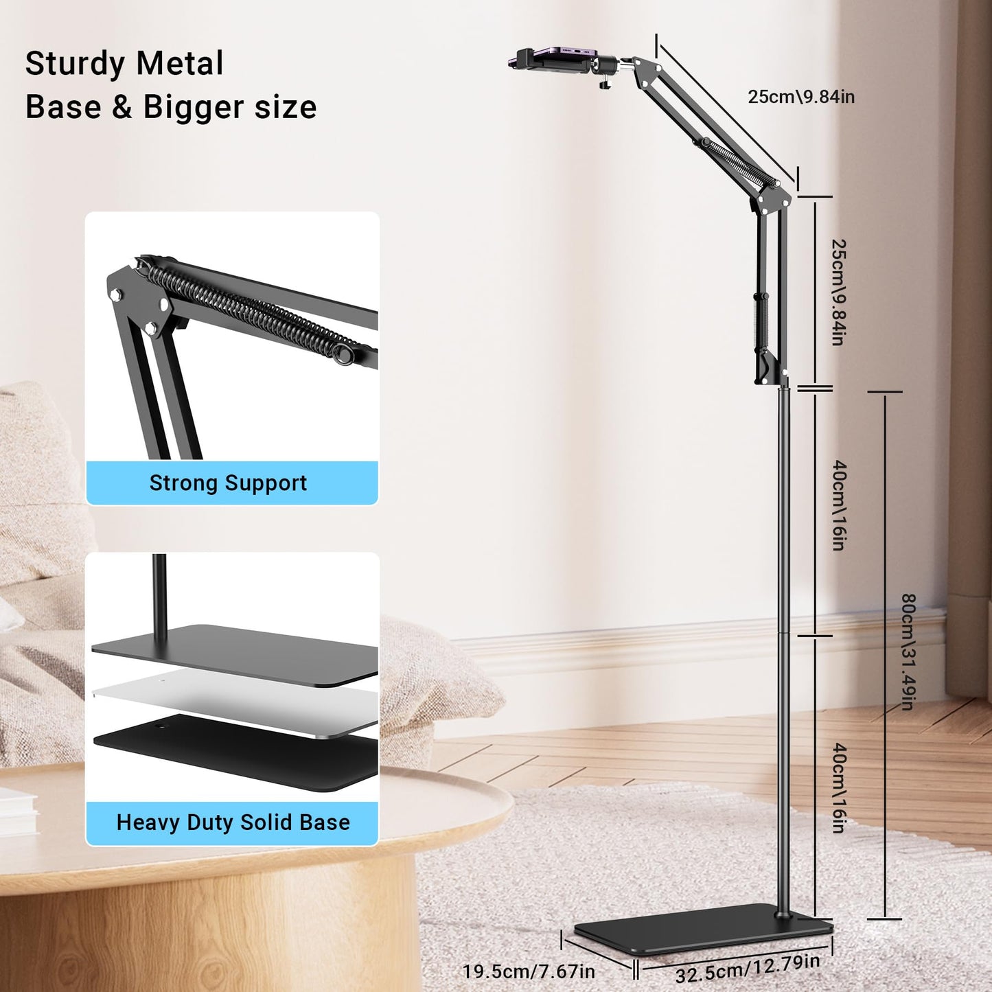 Floor Overhead Phone Mount with Ring Light for Filming, TikTok, Live Stream, LED Selfie Light Phone Tripod Stand for Content Creators, Compatible