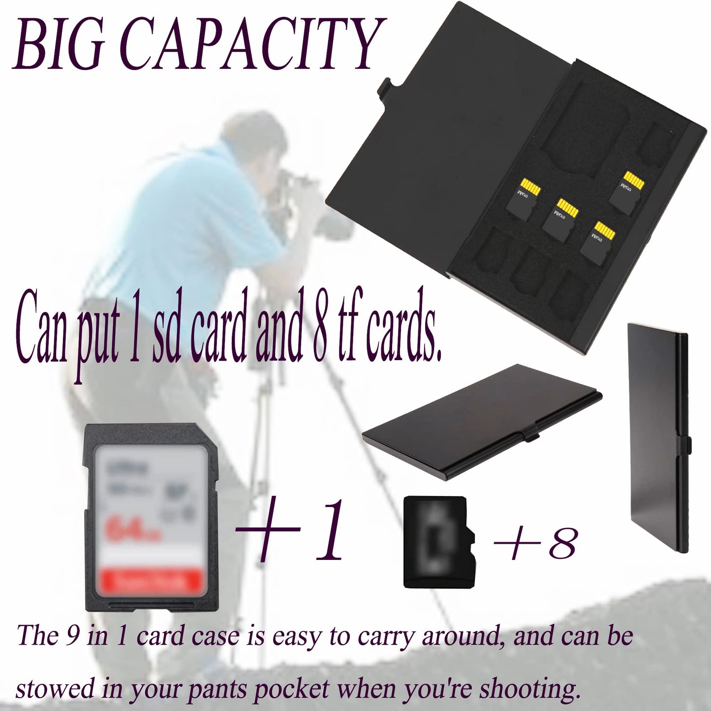 PCTC Aluminum Alloy Hard Shell 9 in 1 Memory Card Holder Case - 9 Slots for SD & TF Cards