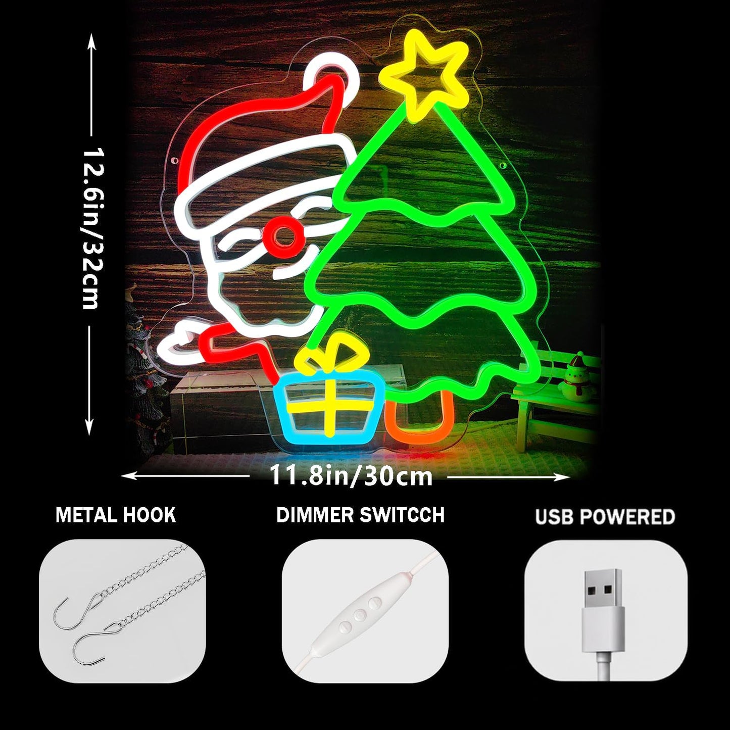 Santa Neon Sign Christmas Dimmable Christmas tree neon sign christmas Led Sign for window Light Up Sign for Home Party Bedroom Dining Room Living Room