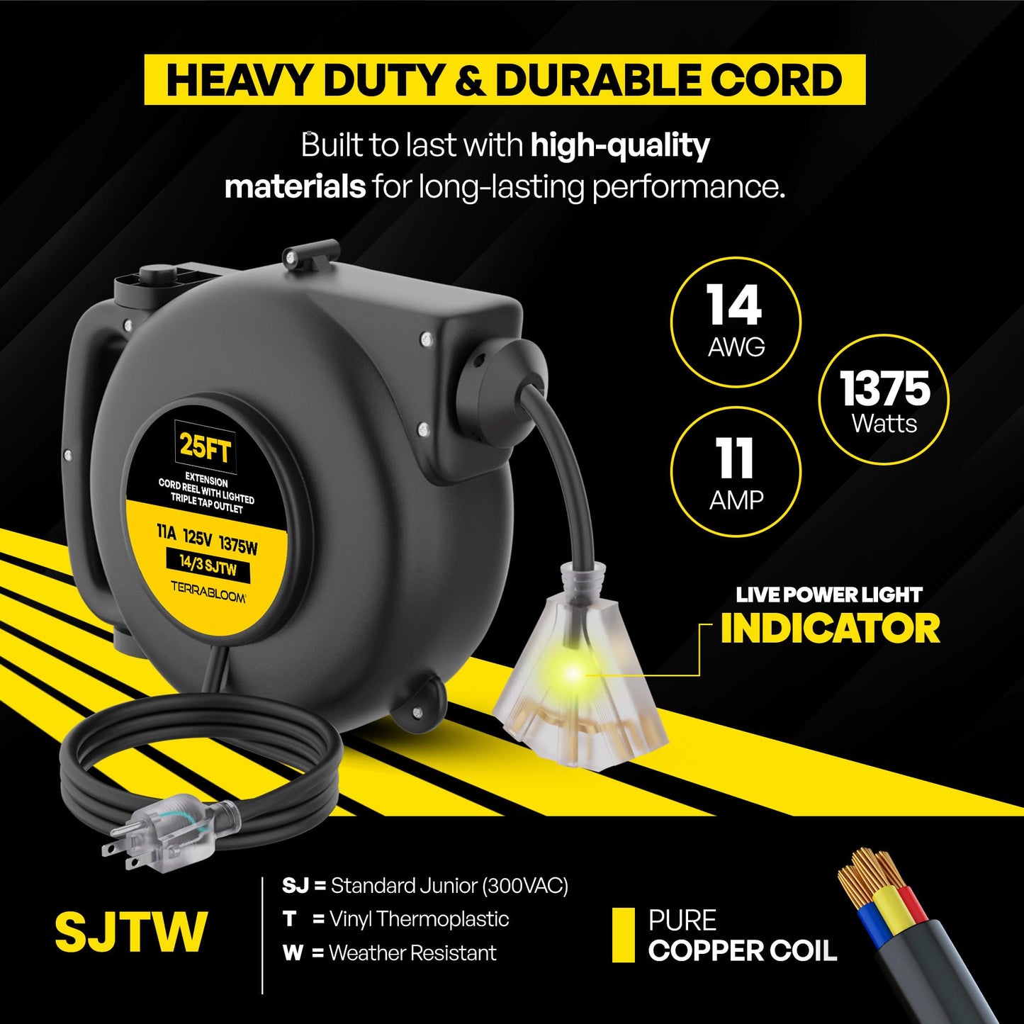 TerraBloom Retractable Extension Cord Reel with Light Indicator - 14/3 Cord Reel 45 ft - Triple Outlet Electric Cord Reel - Wall Mounted Retractable