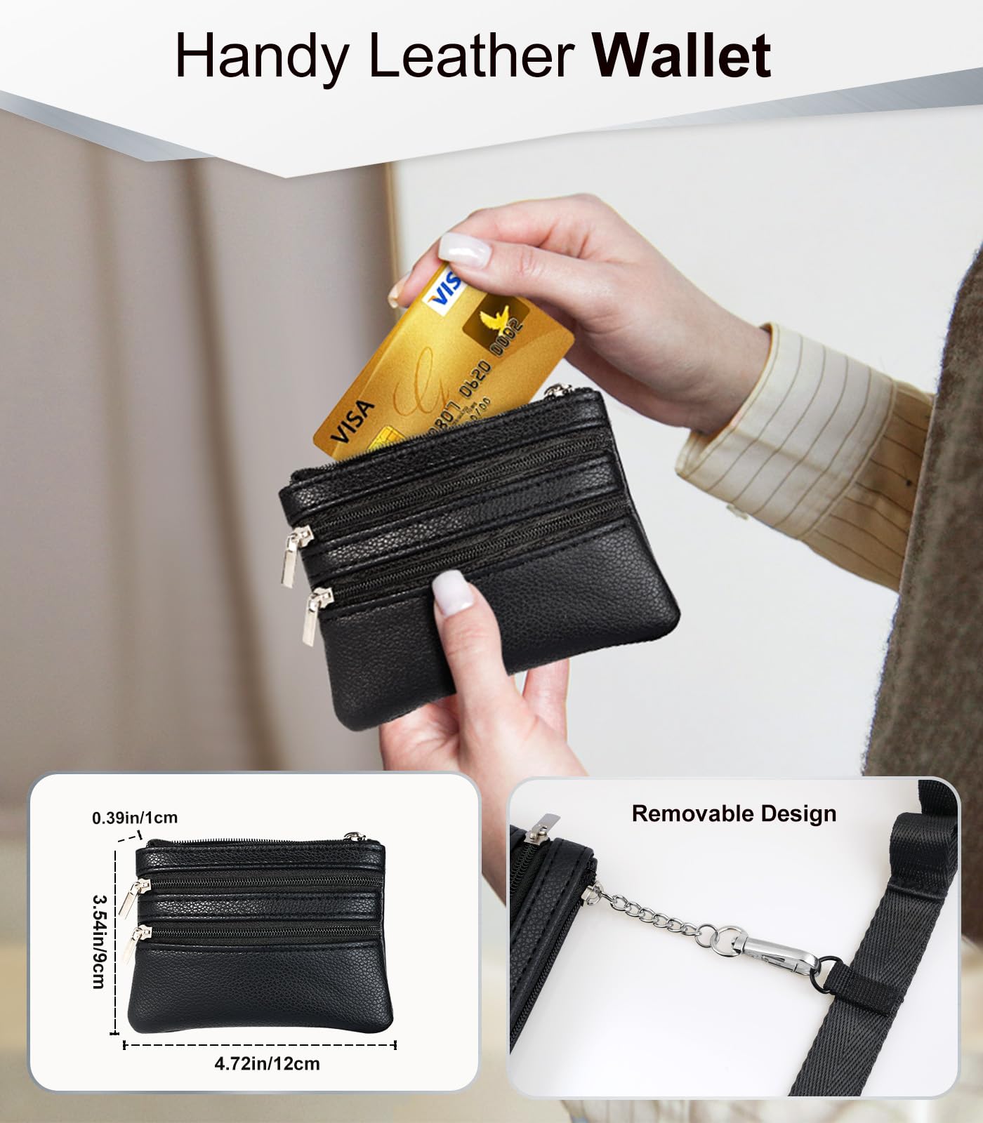 TiMOVO Clip and Go Phone Strap with Leather Wallet, Phone Lanyard Crossbody with Detachable Zippered Pouch Adjustable Strap for Phones, Black