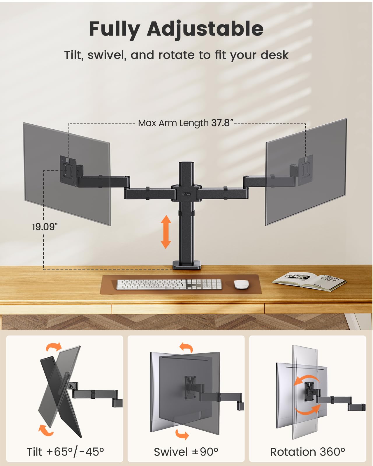 ErGear Dual Monitor Stand for 17-32 inch, Dual Monitor Mount with Adjustable Tilt, Swivel, Rotation, Tiered Arms for Extra Height, Supports 22 lbs per