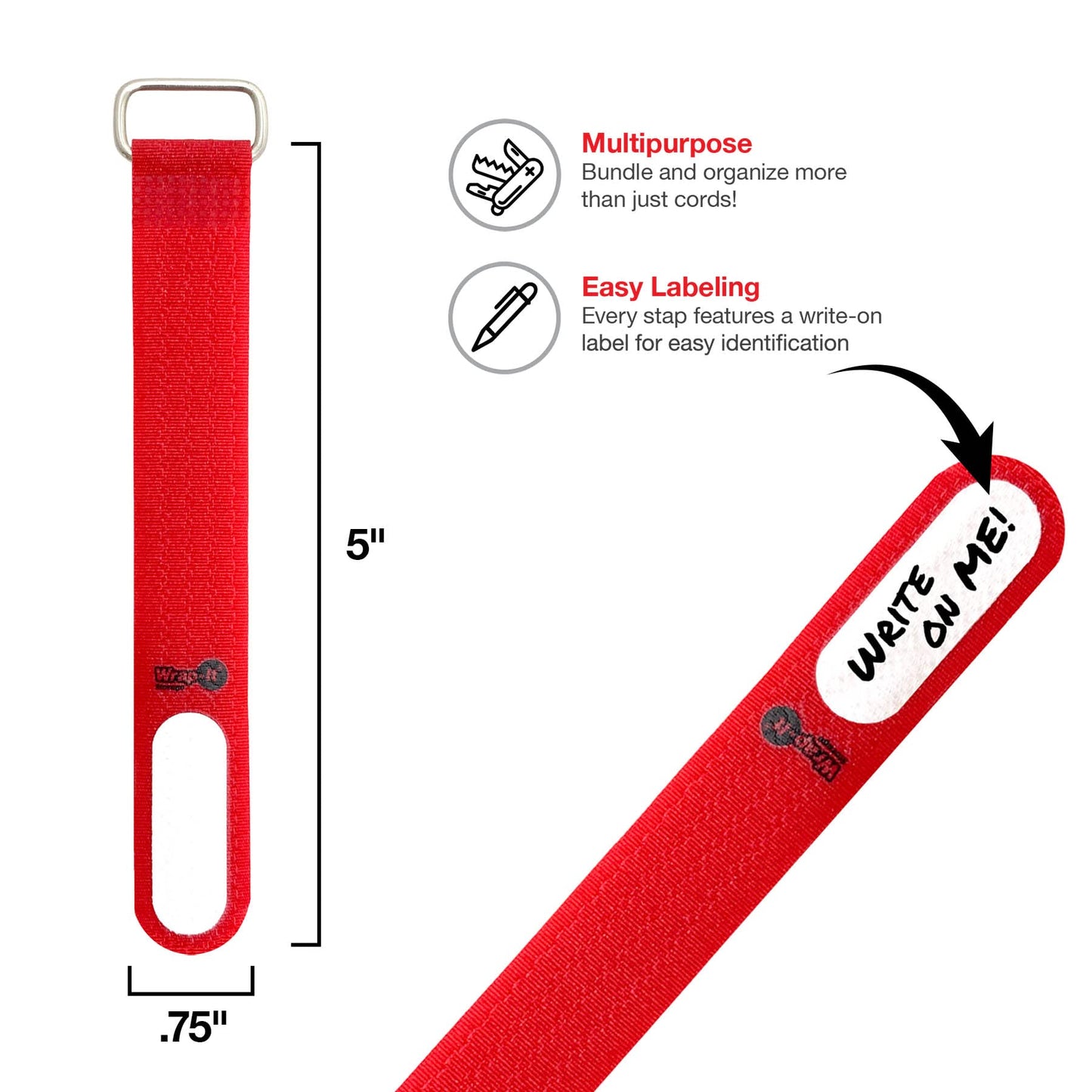 Wrap-It Storage Cinch-Straps, 5" 20 Pack (Red), Features Metal Buckle and Write on Label for Easy Cord Identification and Cable Management, Reusable
