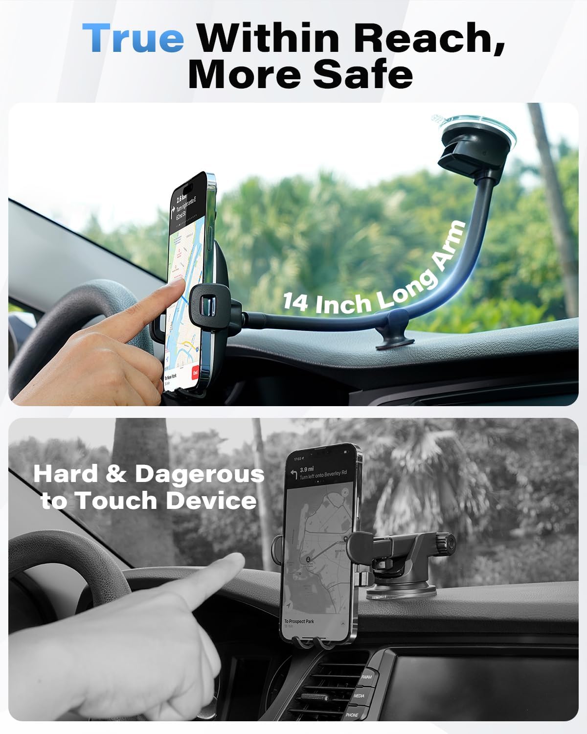 1Zero Solid Car Truck Phone Mount Holder with 14-Inch Gooseneck Long Arm, Windshield Window Mobile Holders w/Industrial-Strength Suction Cup