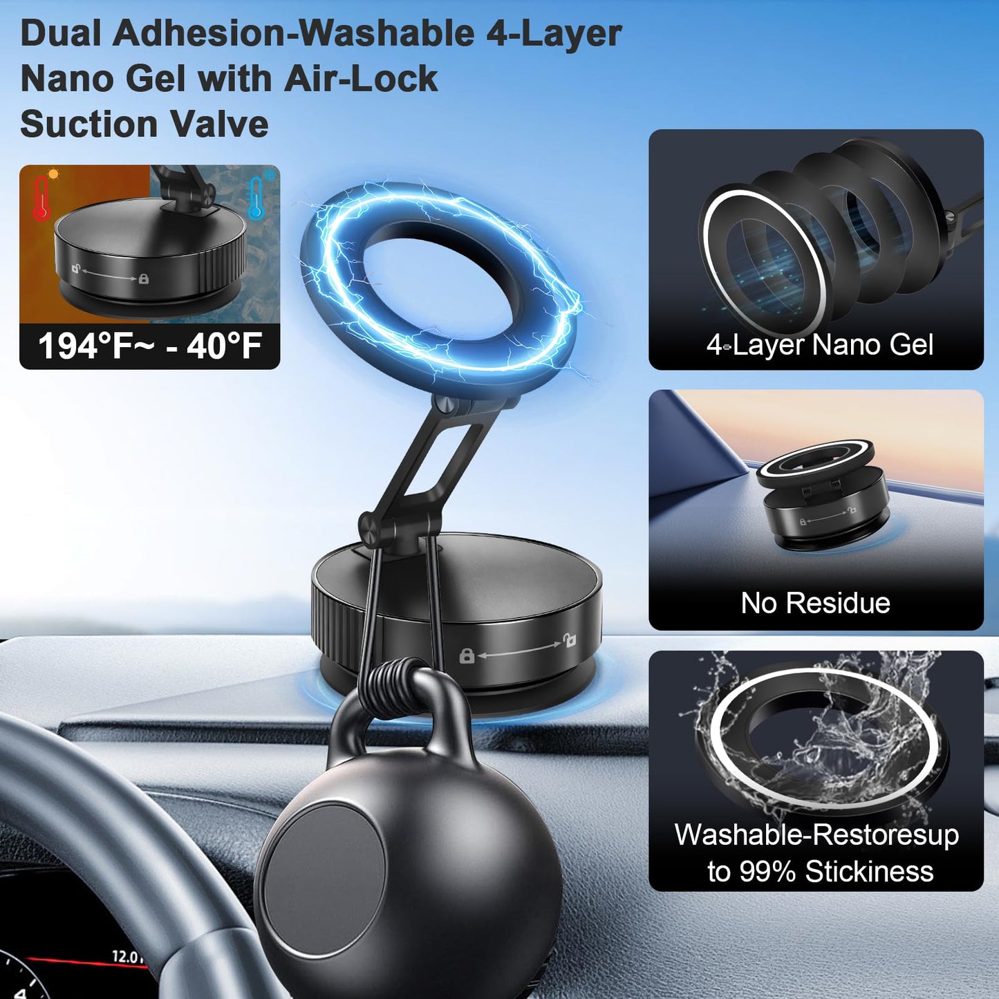 LMADFLY Car Phone Holder Mount, 118LBS Strongest Suction Cup & 2800gf Magnet, 360° Adjustable Vacuum Magnetic Dashboard Stand for iPhone 16 15 14 13