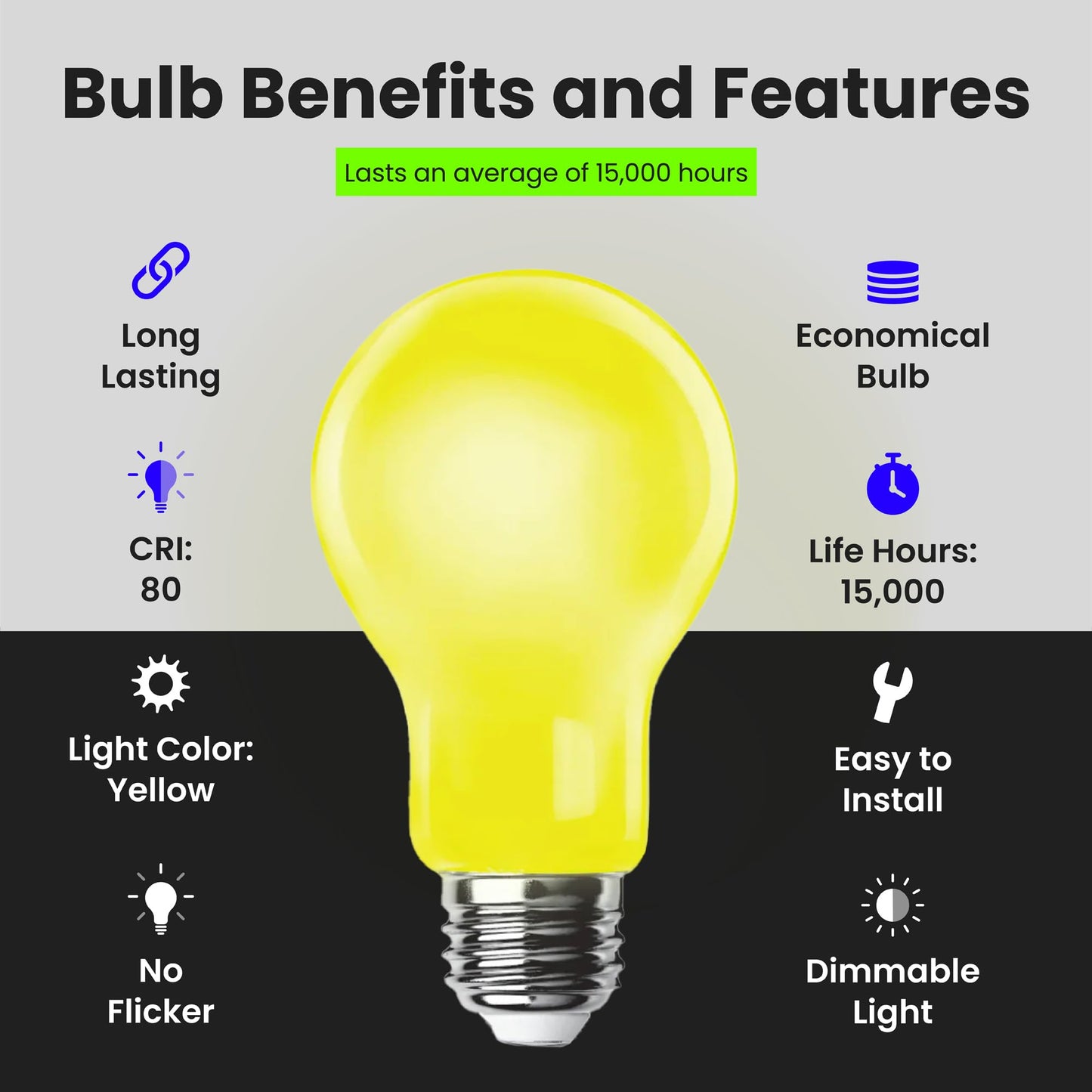 Feit Electric A19 Outdoor LED Bug Light, 100-Watt Equivalent, Dimmable LED Light Bulb, E26 Medium Base, 800 Lumens, 120V, 13 Years Lifetime, Yellow