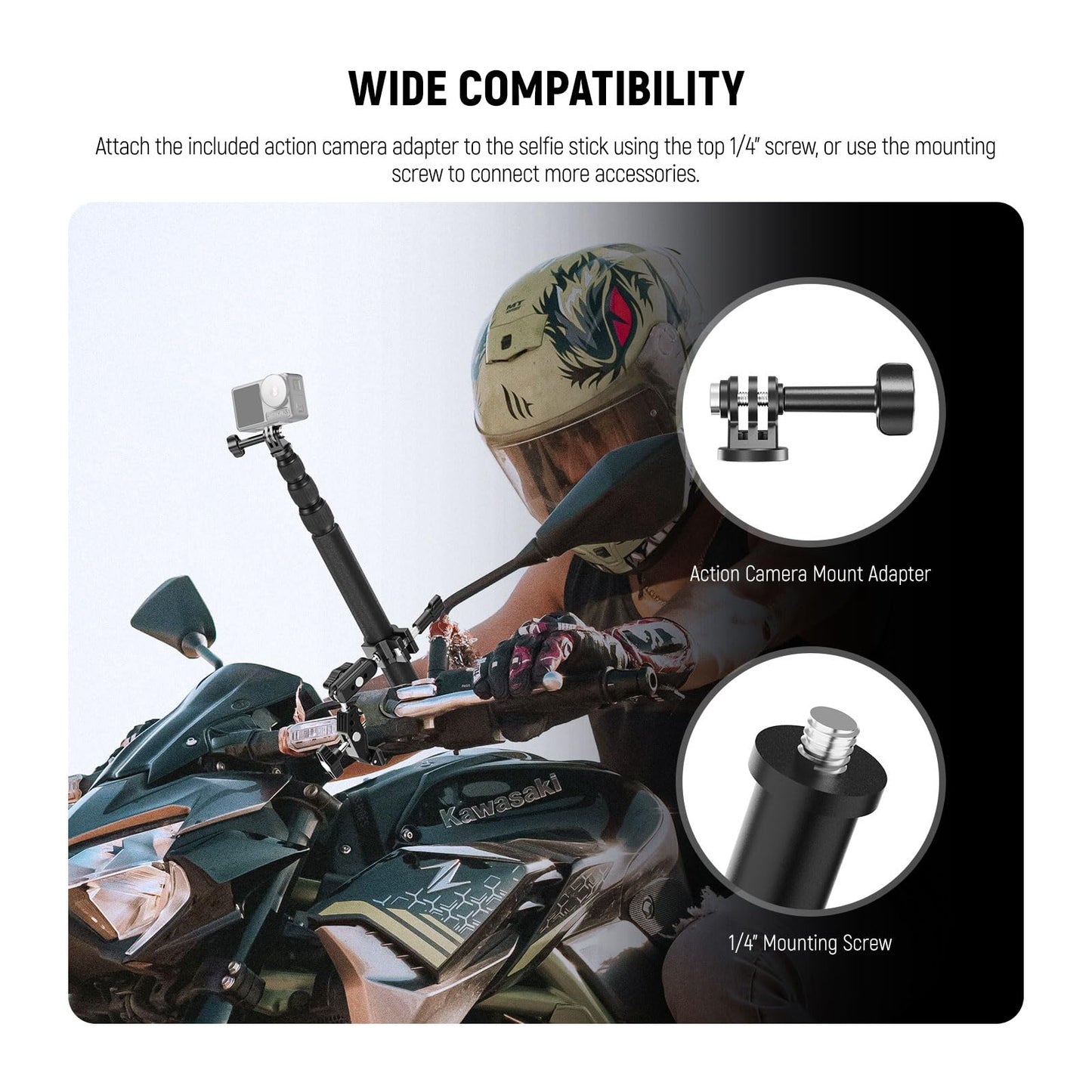 NEEWER Motorcycle Camera Mount Kit, Bicycle Handlebar Invisible Selfie Stick with Dual Ball Heads, Super Clamps, Action Camera Adapter Compatible