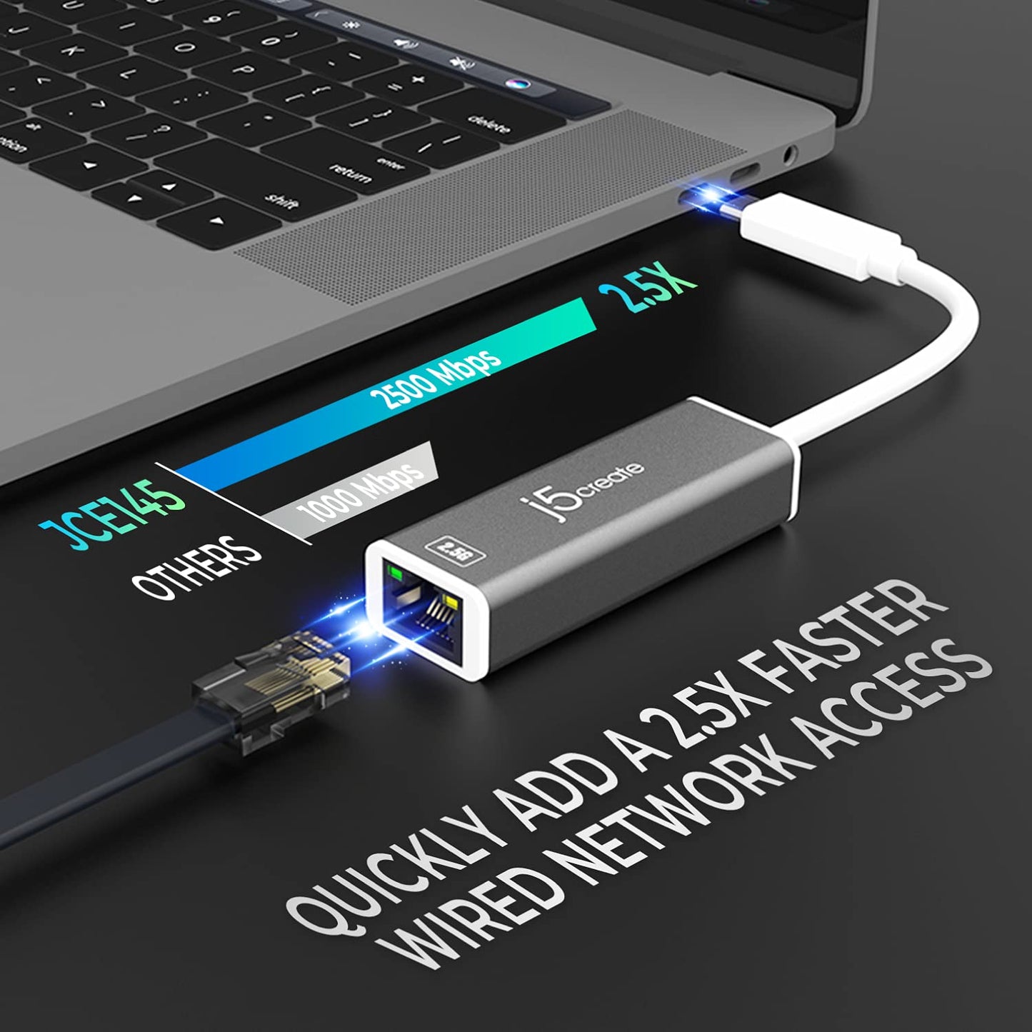 j5create USB-C to 2.5G Ethernet Adapter, RJ45 LAN 2.5 Gigabit Network to USB Type C/Thunderbolt Converter, Compatible for MacBook Pro/Air, Tablets