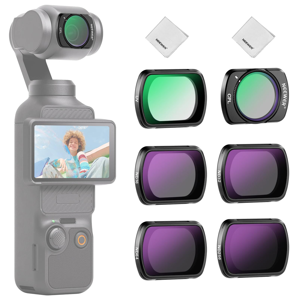 NEEWER Magnetic ND Filter Set Compatible with DJI Osmo Pocket 3 Creator Combo Accessories, 6 Pack ND16 ND32 ND64 ND256 CPL UV Lens Filter Kit + 2X