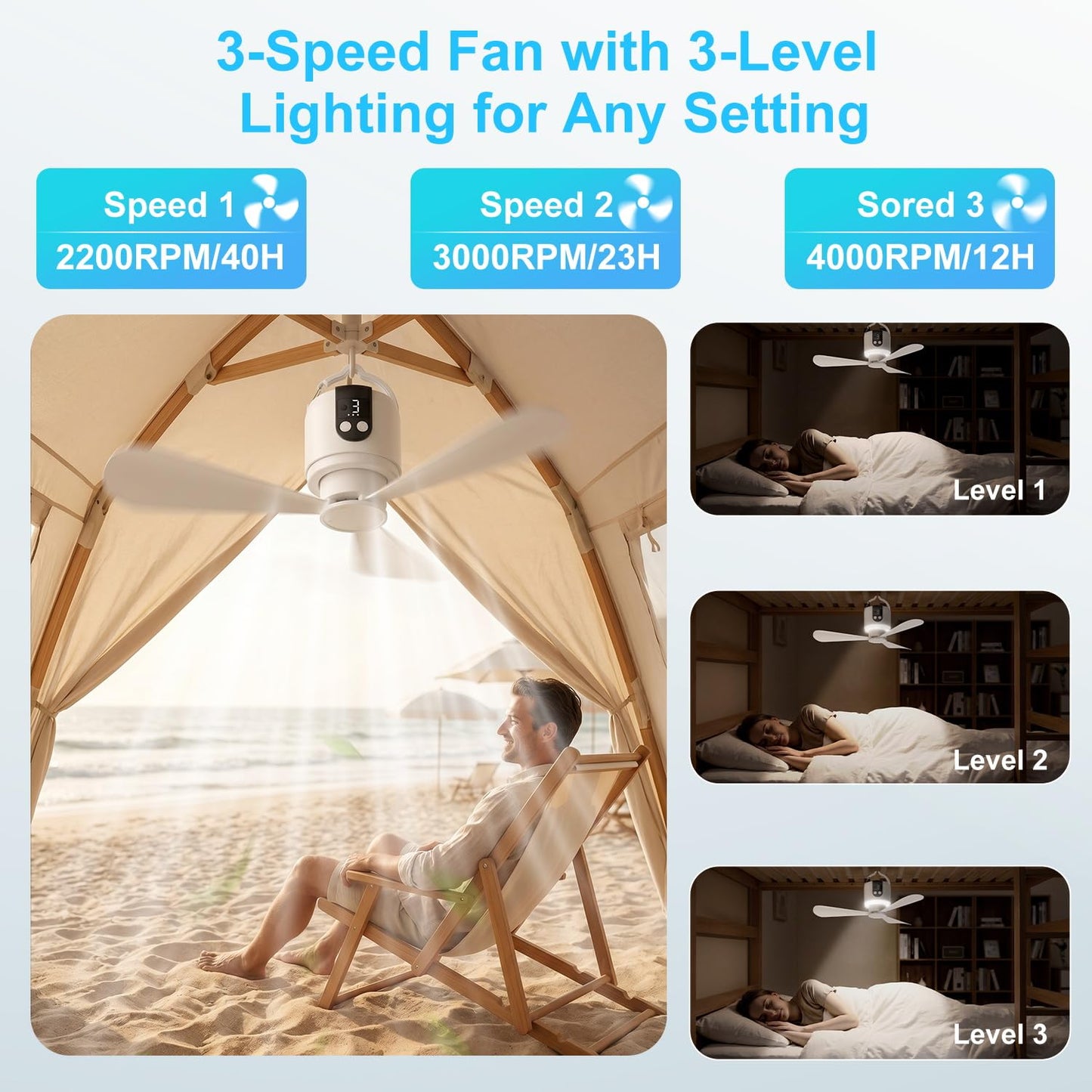 18" Camping Ceiling Fan with Light,15600mAh Battery,3-Speed Fan & Light