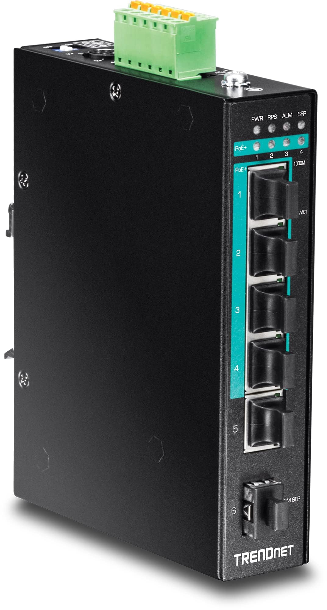 TRENDnet 5-Port Hardened Industrial Gigabit PoE+ DIN-Rail Switch, 120W Power Budget, 1 x SFP Slot, IP30 Rated, Unmanaged Switch, Gigabit PoE+ Network