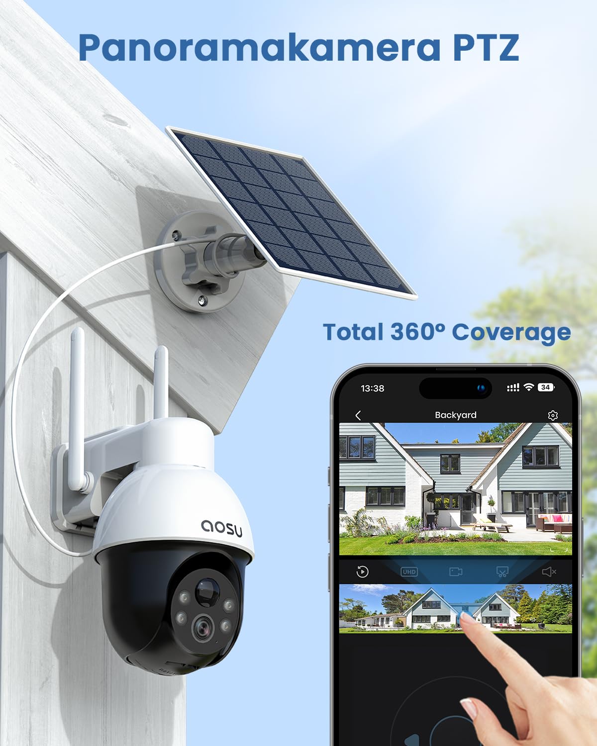 aosu 3K/5MP Solar Security Cameras System Wireless Outdoor, Battery Powered WiFi Camera for Home Security, Panoramic PTZ, Auto Tracking, Human/Vehicle