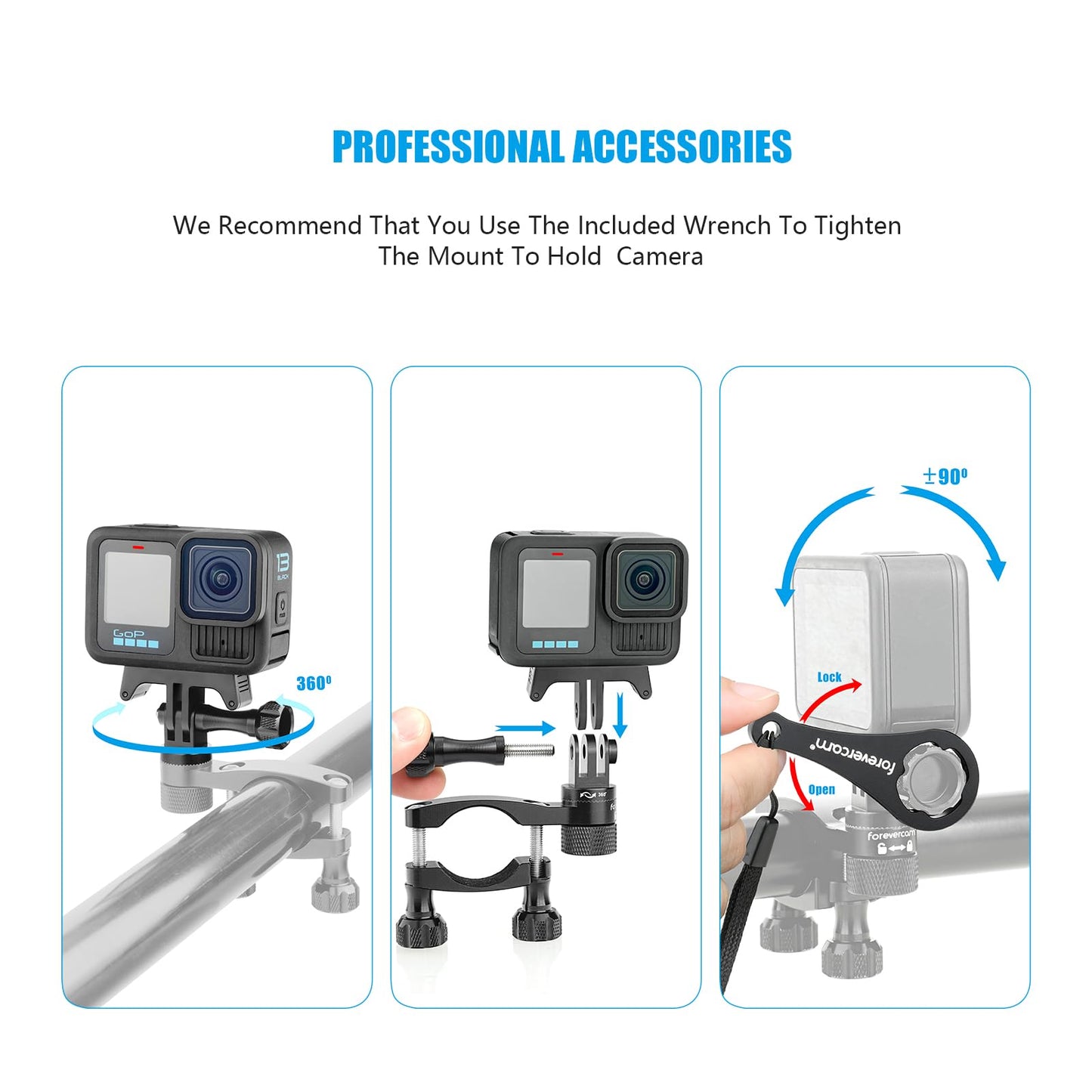 Forevercam Bike Handlebar Mount for GoPro (360° Rotation and Lock Any Direction) 0.6-1.3inch All Aluminum Bike/Motorcycle Handlebars Seat Post Ski