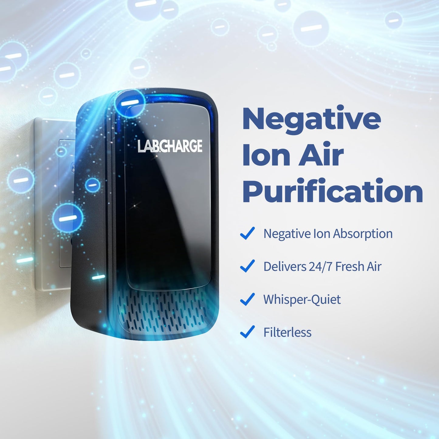 Lab Charge Air Ionizer for Home (1 Pack), Plug-In Filterless Negative Ion Air Purifier, Quiet Air Freshener for Bedroom, Office, Kitchen, Mini Air