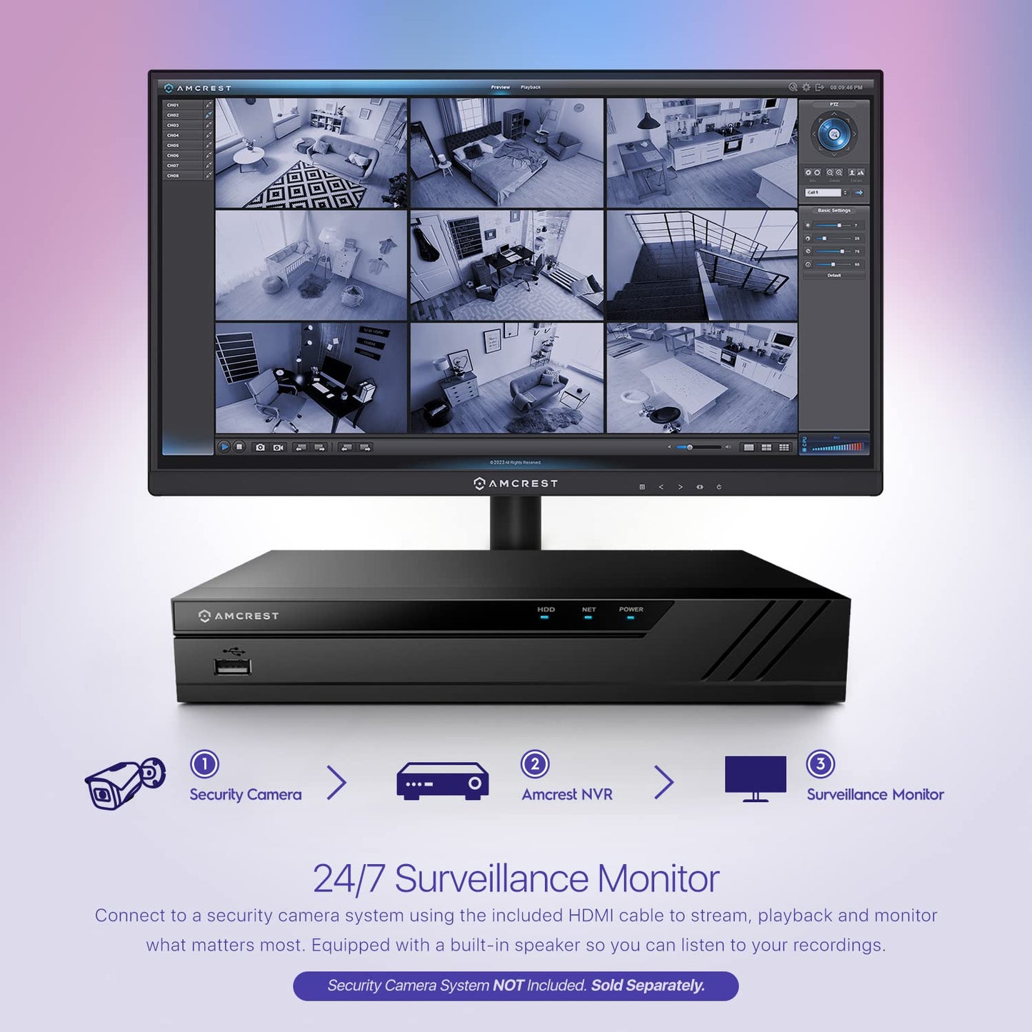 Amcrest 24/7 Security Camera Monitor Screen, 22 inch, Thin Micro Bezel, Built in Speakers, Compatible CCTV NVR/DVR Surveillance Monitor, 1080p FHD
