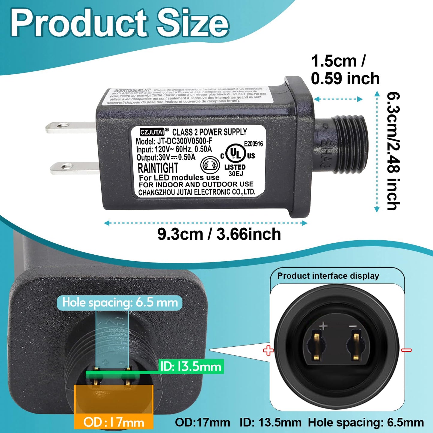 CZJUTAI JT-DC300V0500 Premium 30V 0.5A 15W LED Power Supply - Class 2 Transformer, IP44 Waterproof, US Plug for Christmas and String Lights, Indoor