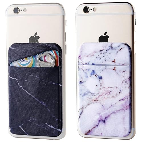 2Pack Marble Adhesive Phone Pocket,Cell Phone Stick On Card Wallet Sleeve,Credit Cards/ID Card Holder(Double Secure) with Sticker for Back