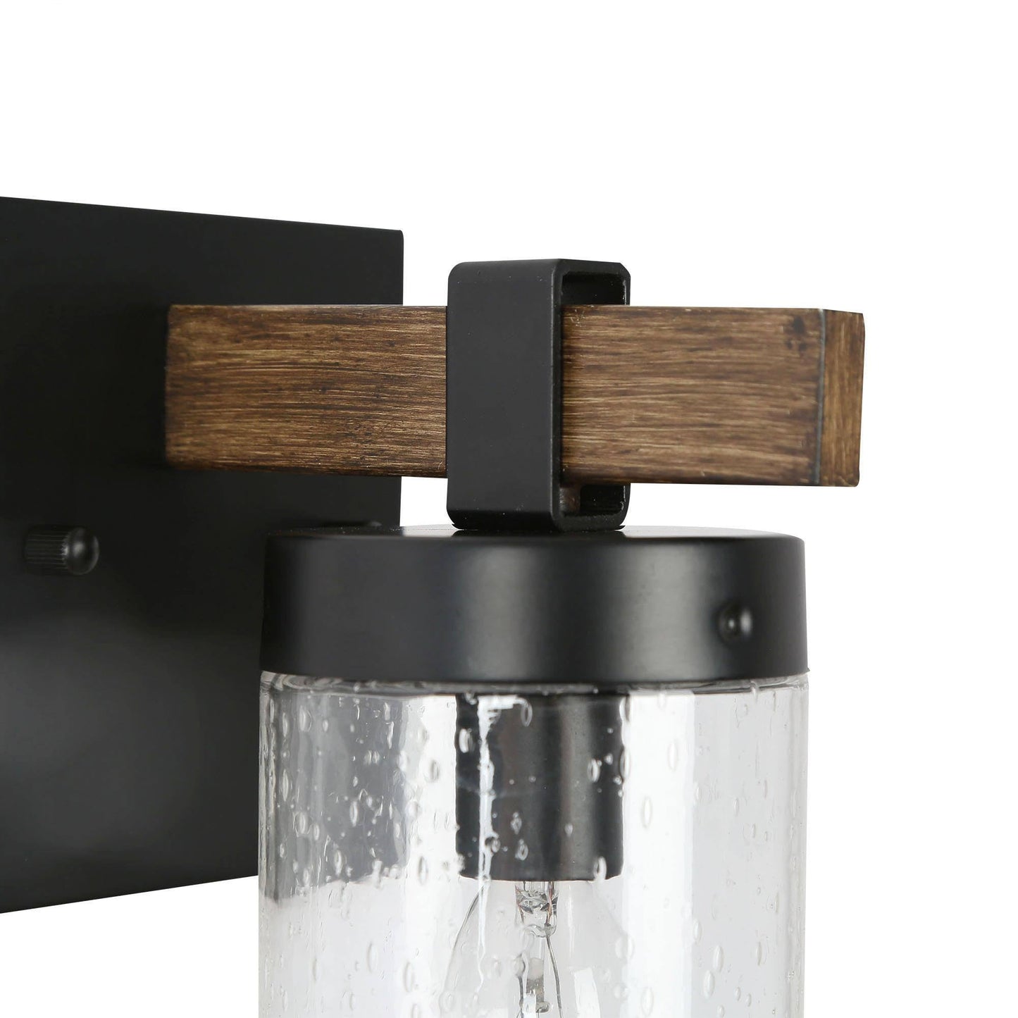 GEPOW Sconces Wall Lighting, 1-Light Black and Faux Wood Wall Sconce Light, Modern Bedroom Bathroom Wall Sconces Indoor with Seeded Glass Shade