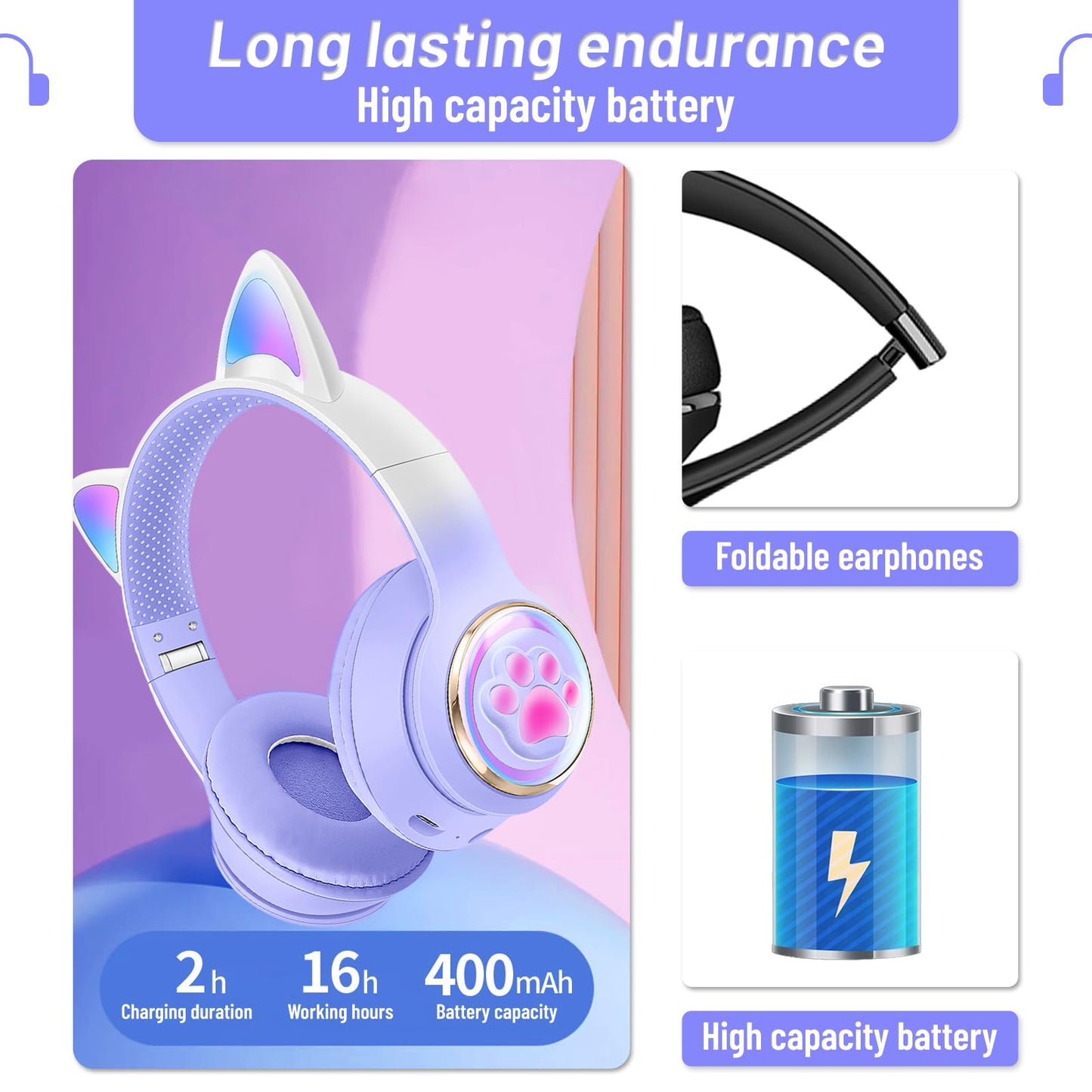 Cat Ear Bluetooth Kids Headphones, LED Lights, Safe Volume, Foldable