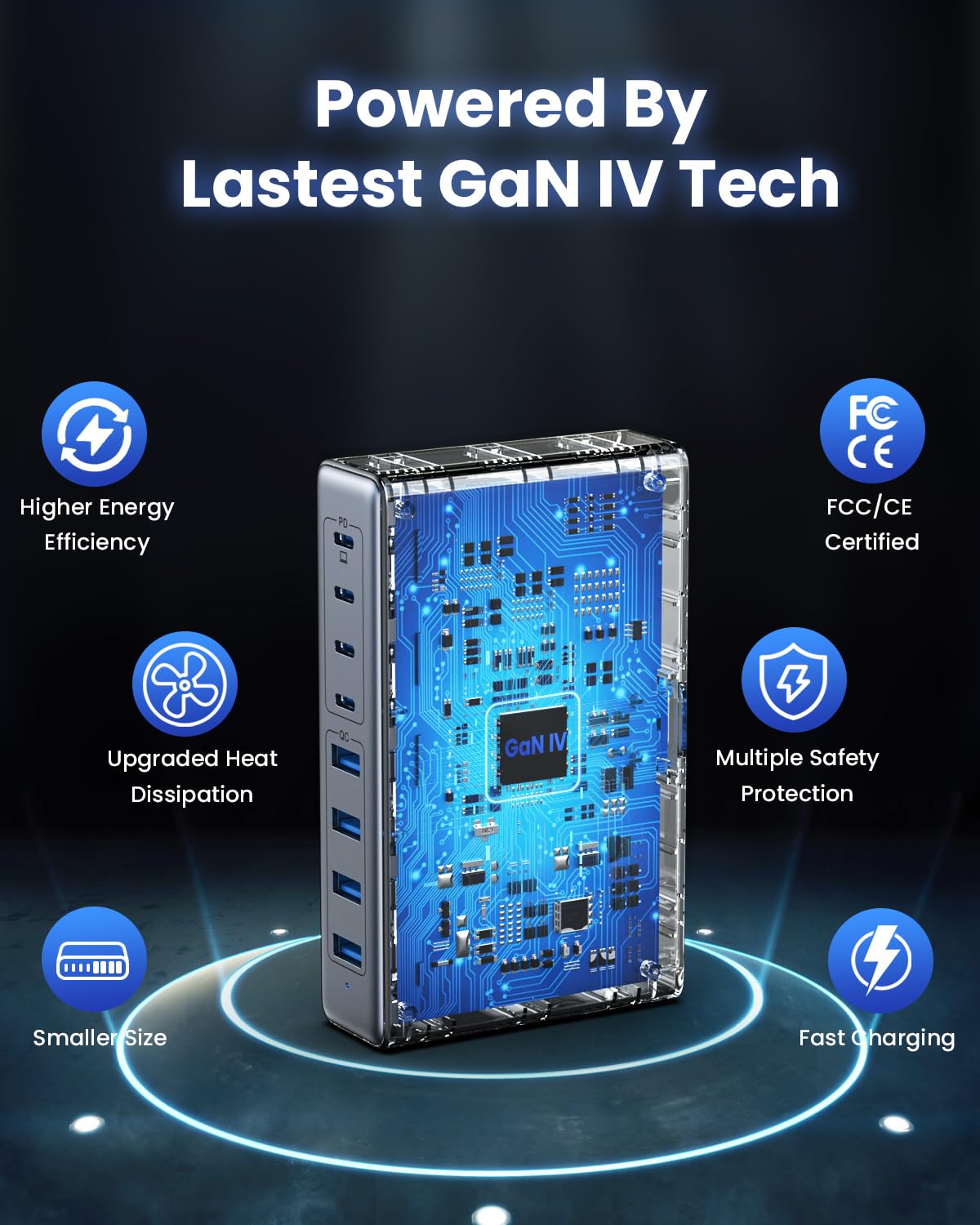 LanLuk 200W GaN IV 8-Port Charging Station with 65W USB-C PD Output and QC4.0, Compatible with MacBooks, Dell laptops, iPhones, iPads, and Steam Deck.