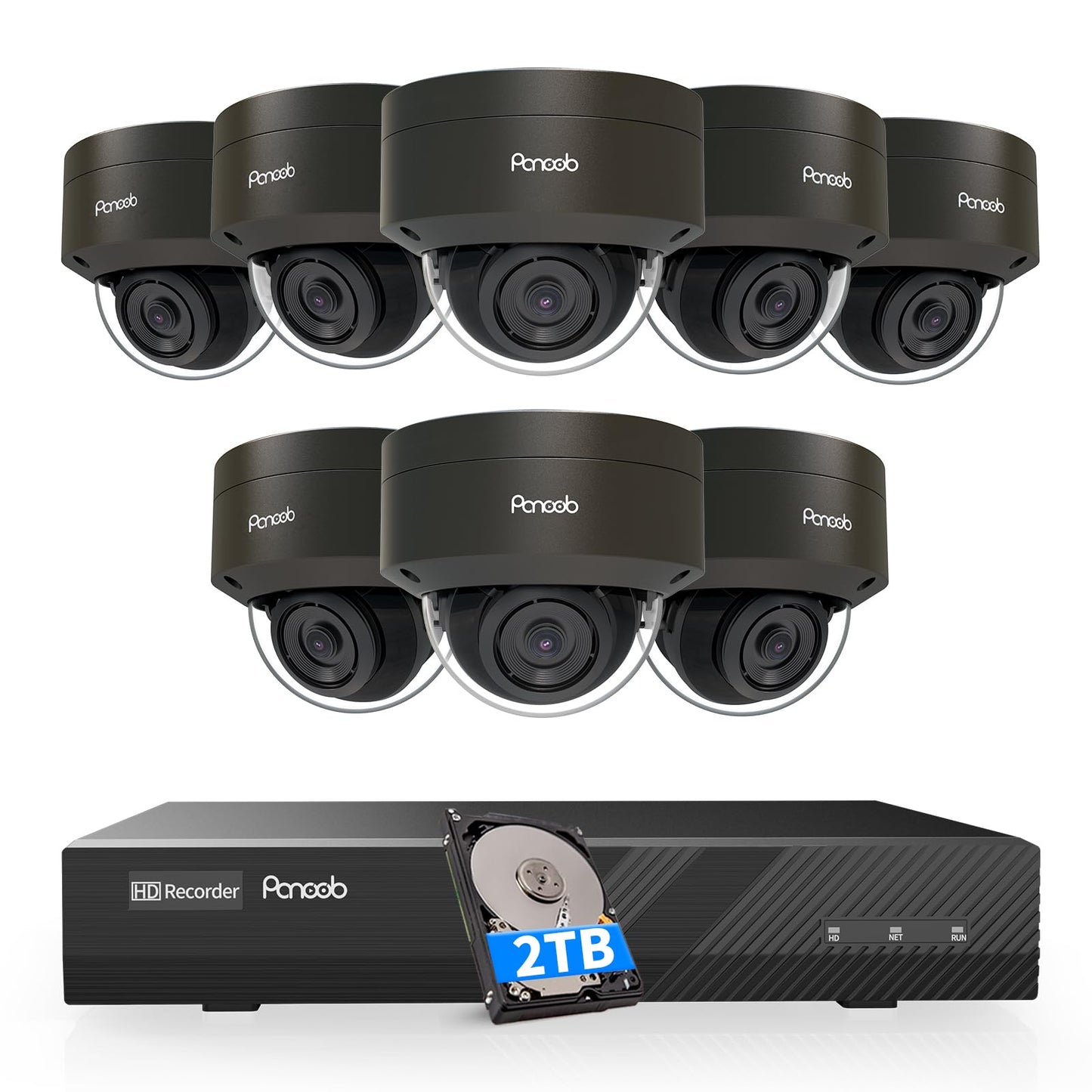 PANOOB Security Camera System PoE, 8PCS 5MP Wired IP IK10 Vandal-Proof PoE Dome Camera, AI Human Detection, Remote Access, 100ft IR Night Vision