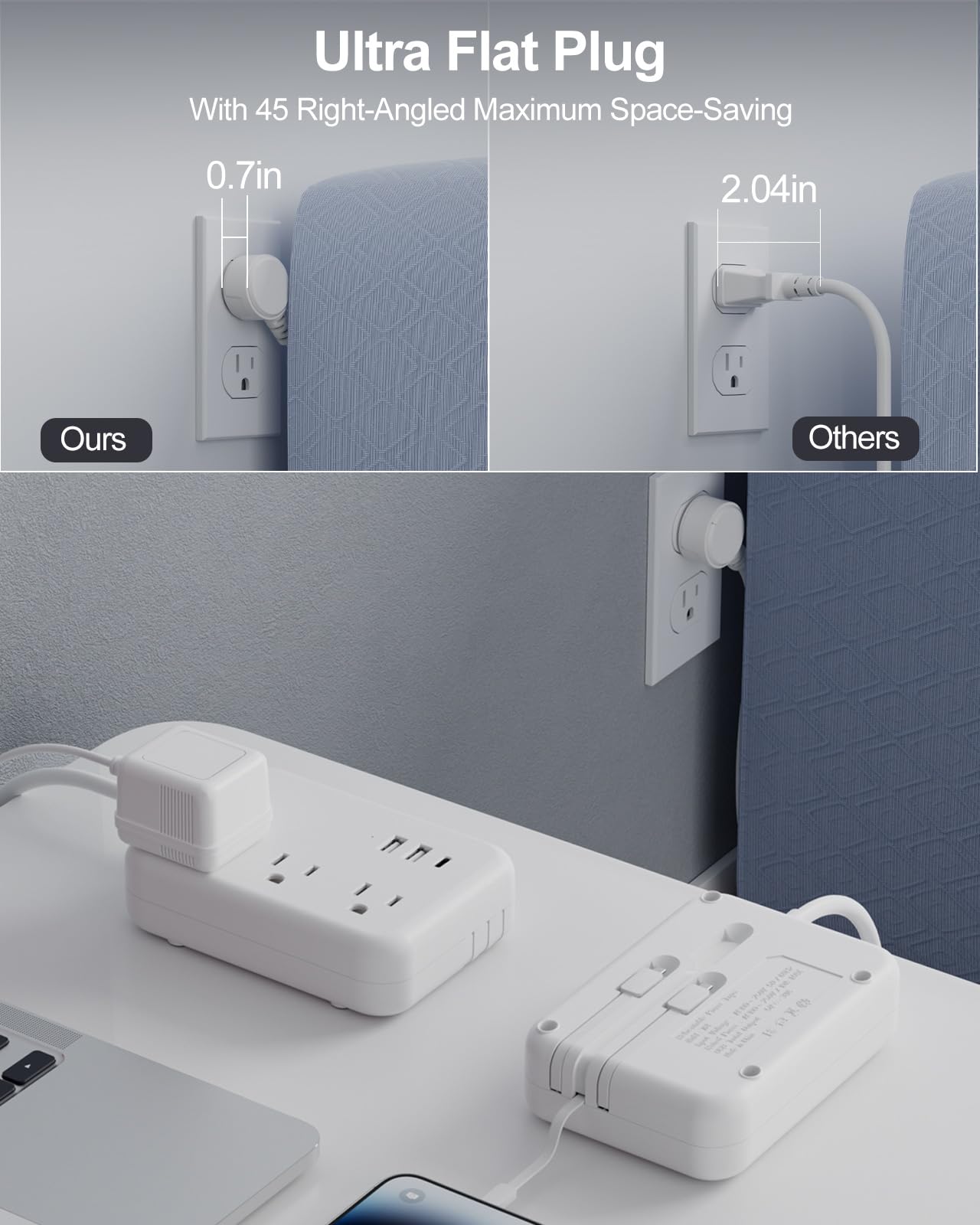 9-in-1 Travel Power Strip with 3 Built-in USB Cables (USB-C/Micro/iOS) | 3AC Outlets + 3 USB Ports | 5FT Flat Plug, Cruise-Approved & FCC Certified