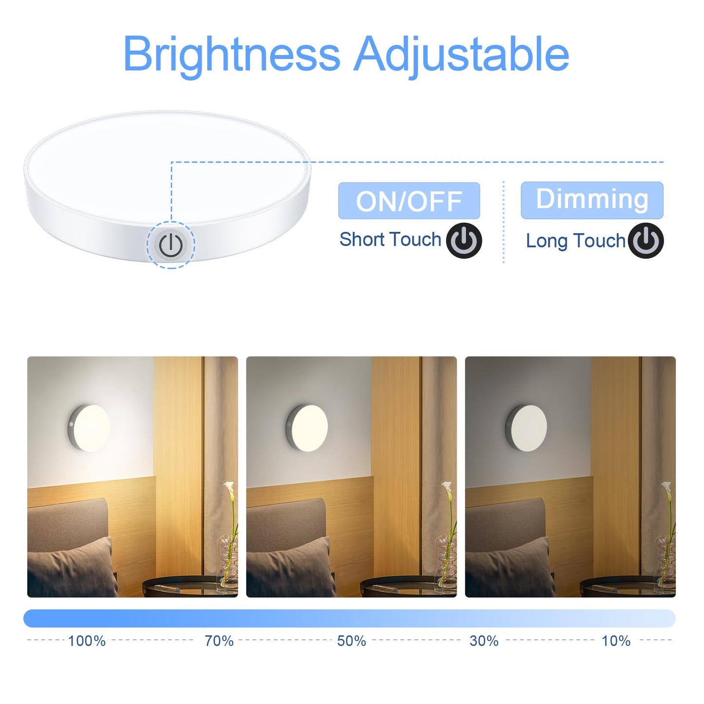 Ferswe Rechargeable Tap Lights, Dimmable Touch Night Lights with 1000mAh Large Battery, Stick on Light for Closet, Bedroom, Bathroom and Cabinet (2