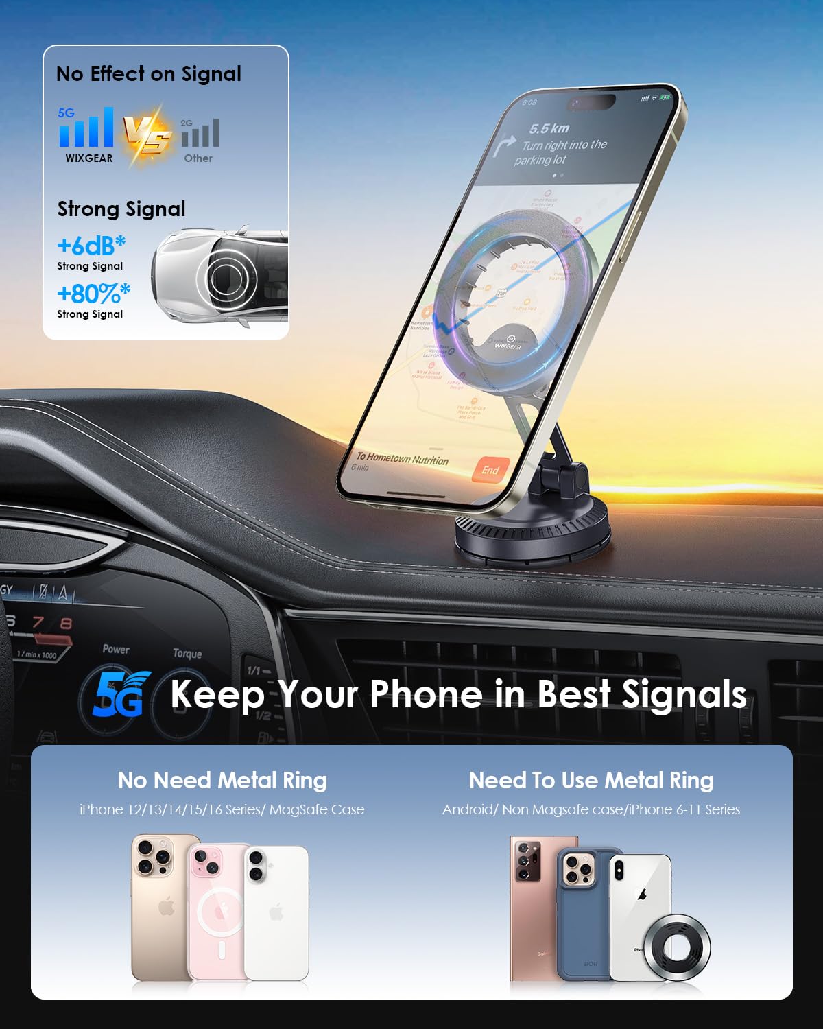 WixGear Stick-On Foldable Magnetic Car Mount Dashboard Phone Holder, Strong Magnet Mount for MagSafe iPhone & All Smartphones, 3M VHB Adhesive