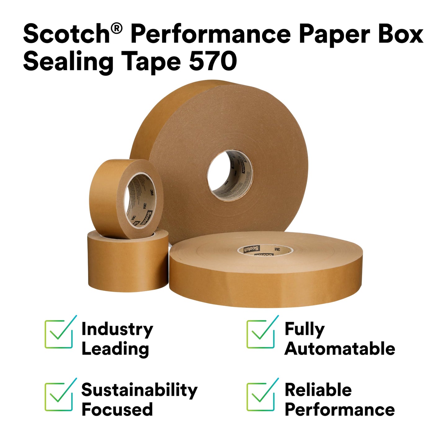 3M Scotch Performance Paper Box Sealing Tape 570, Brown, 2.8" x 547 yd (72 mm x 500 m), 1 Roll, Recycle-Compatible, Great for Packaging, Shipping,