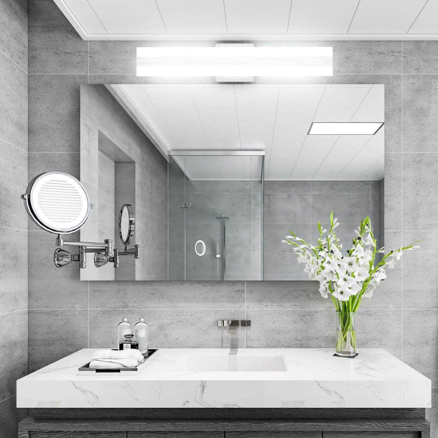 Aipsun 23.6in/24W Brushed Silver Aluminum Modern LED Vanity Light Frosted White Acrylic LED Bathroom Vanity Light Fixtures Up and Down Wall