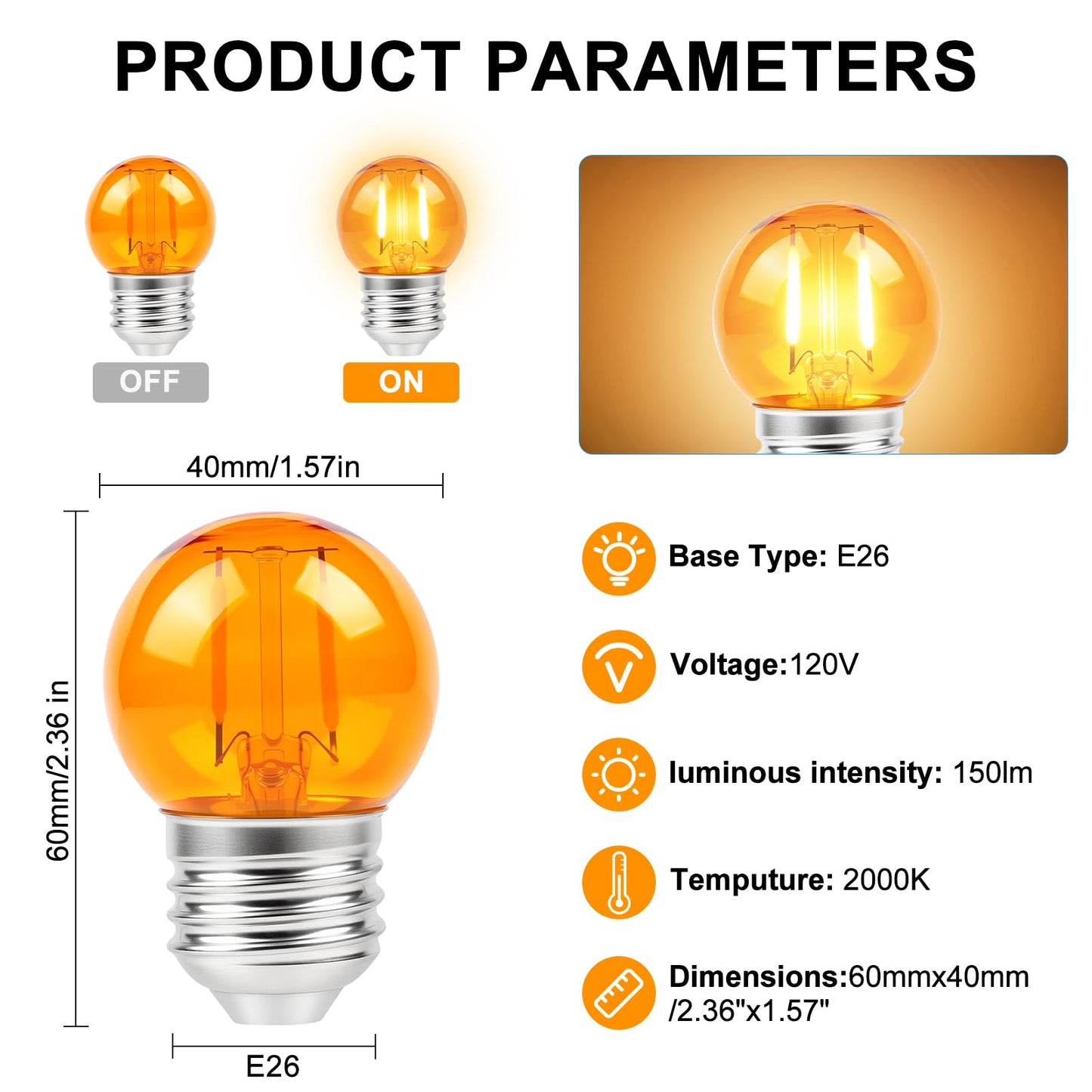 KINUR G40 Small dim Amber LED Edison 2000K 2 watt-15 watt Equivalent, E26 Base Low watt Soft Warm Light Bulbs for Healthy Sleep and Baby Nursery Light