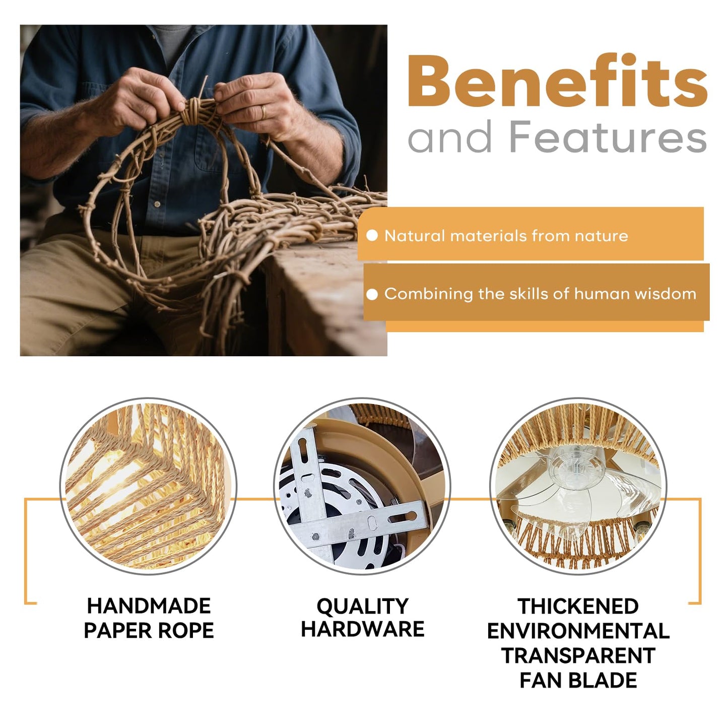 DRAWNCAT 20 Inch Boho Low Profile Ceiling Fan with Soft Yellow Light, Handwoven Rattan & Hemp Design, Remote Control Fandelier - Includes 5+1 LED