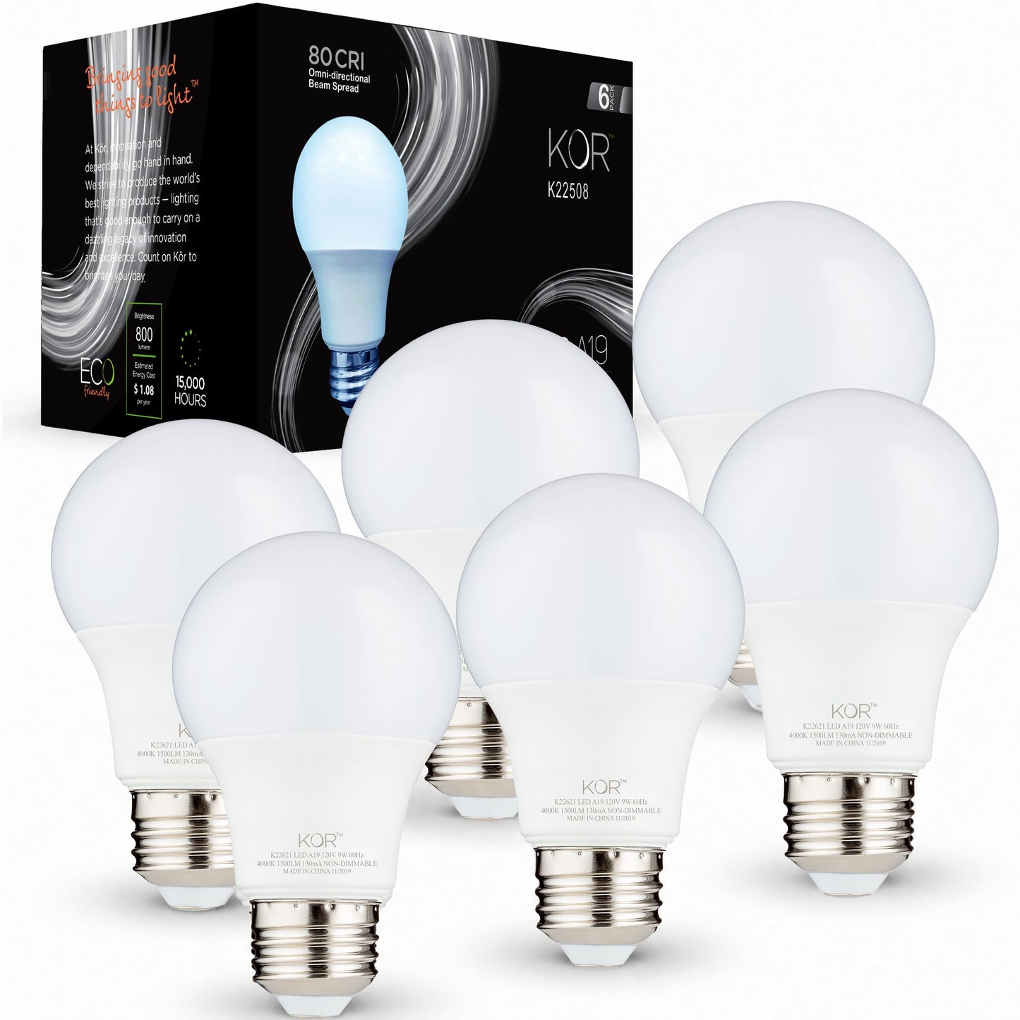KOR A19 LED Bulbs, 60W Equivalent, 5000K Bright White, E26 Base, 6 Pack