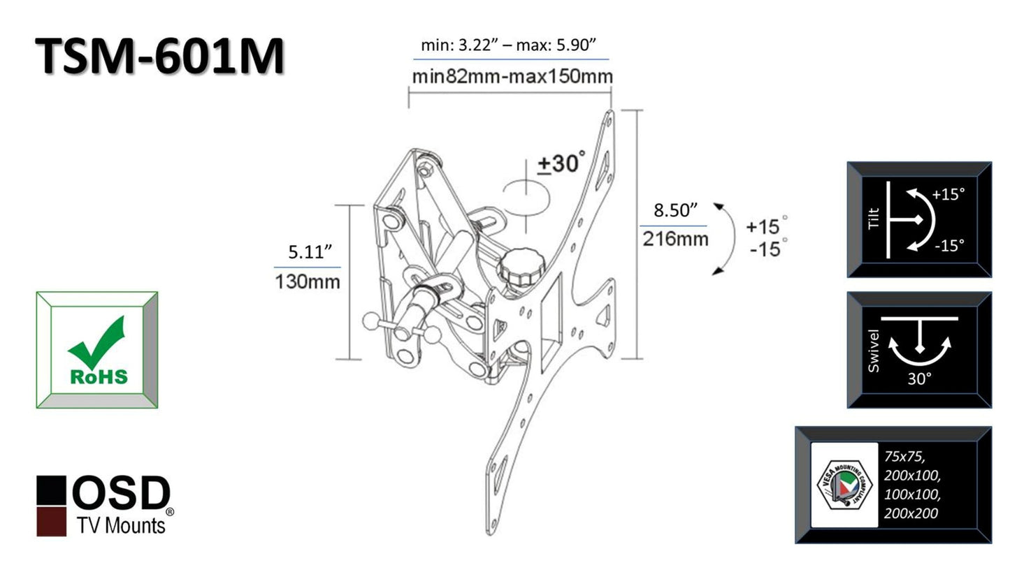 OSD Audio TSM-601M Full Motion Tilt and Swivel Wall Mount for 17-inch to 37-inch LED, LCD or Plasma TV