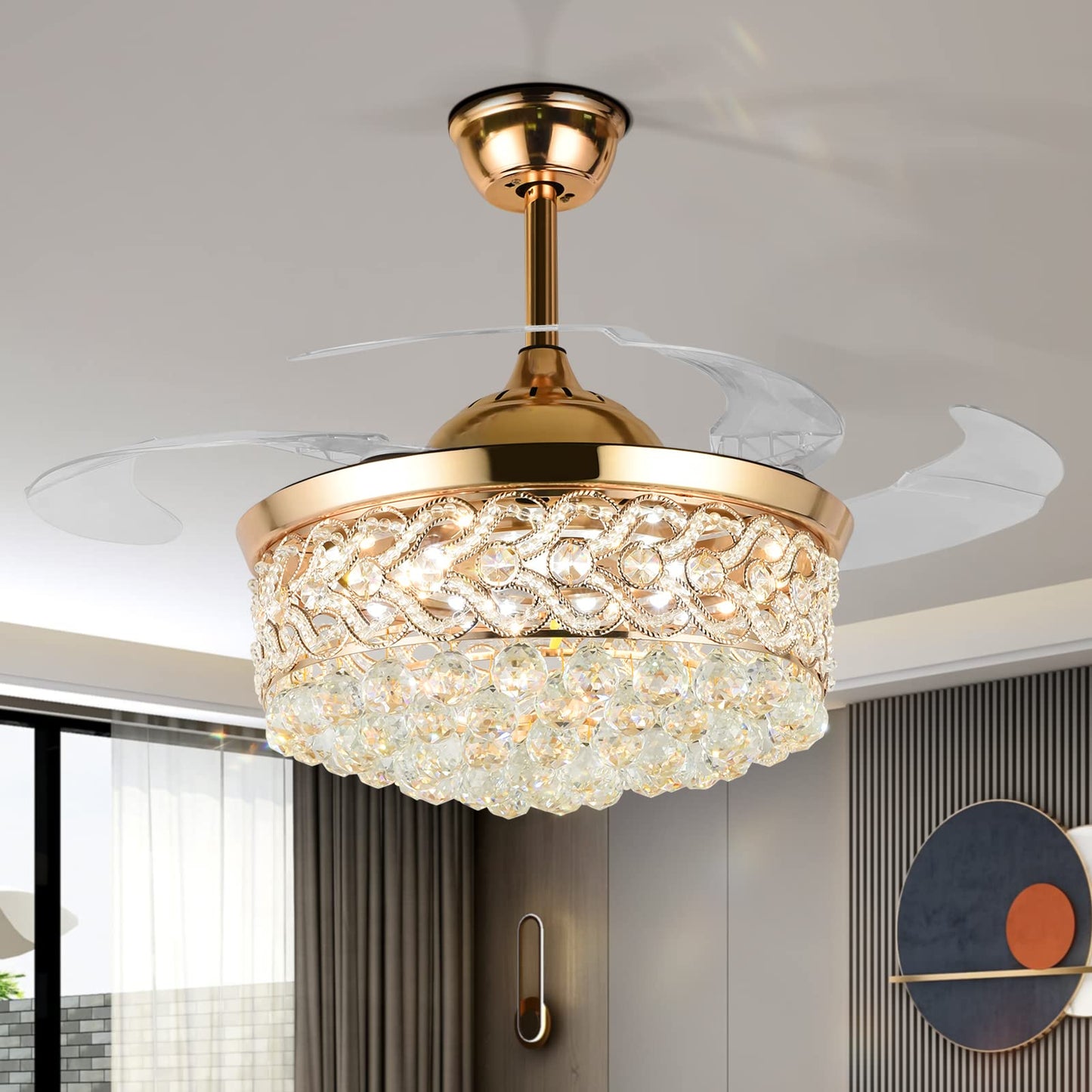 A Million 42" Crystal Fandelier Modern Ceiling Fan with Light Retractable Blades 3 Speeds 3 Colors with Remote Control, Silent Motor and LED Kits