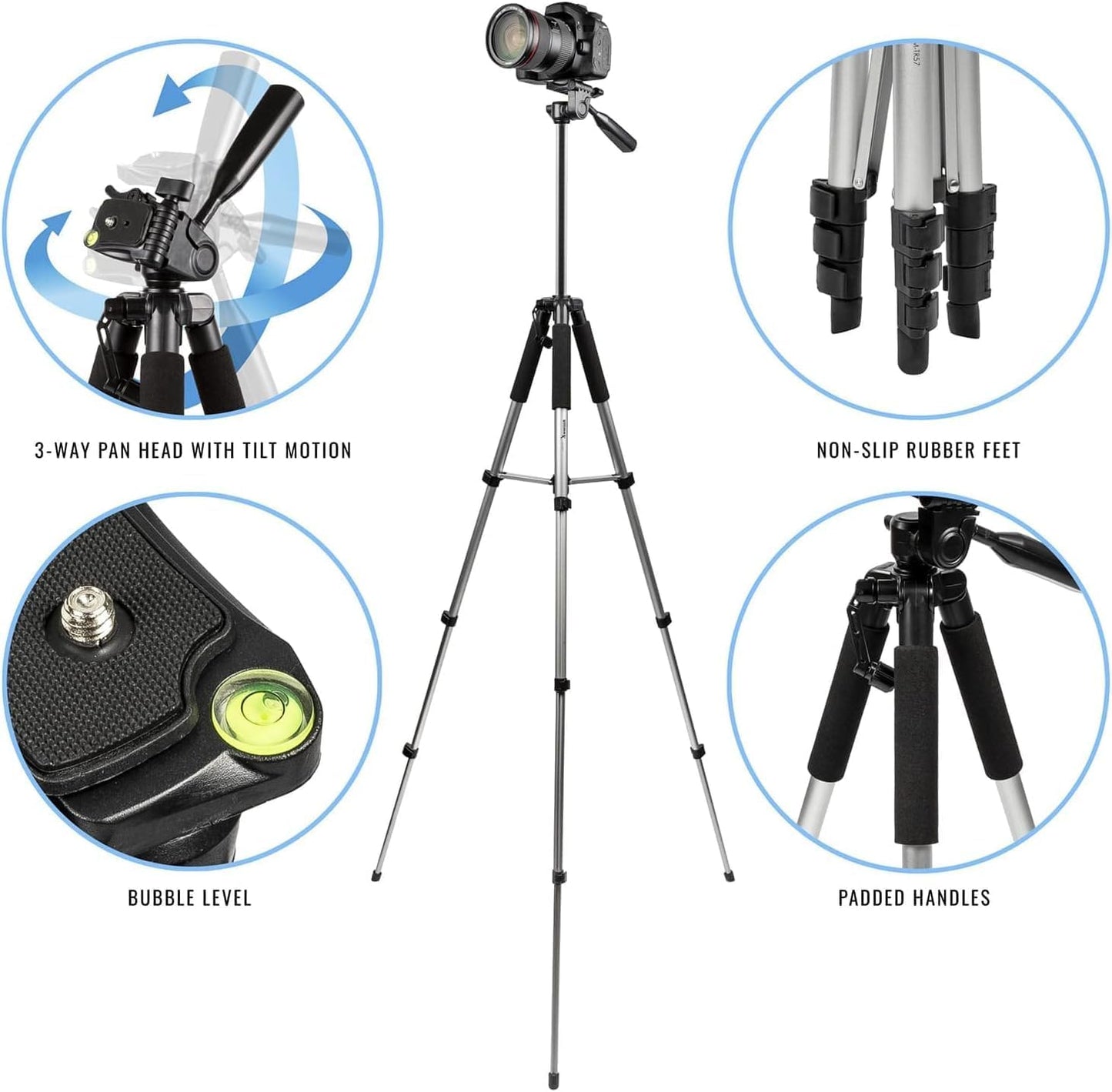 Acuvar 57" Professional Aluminum Camera Tripod - Lightweight Adjustable Travel Tripod Stand with Carry Bag for DSLR, Mirrorless & Video Cameras
