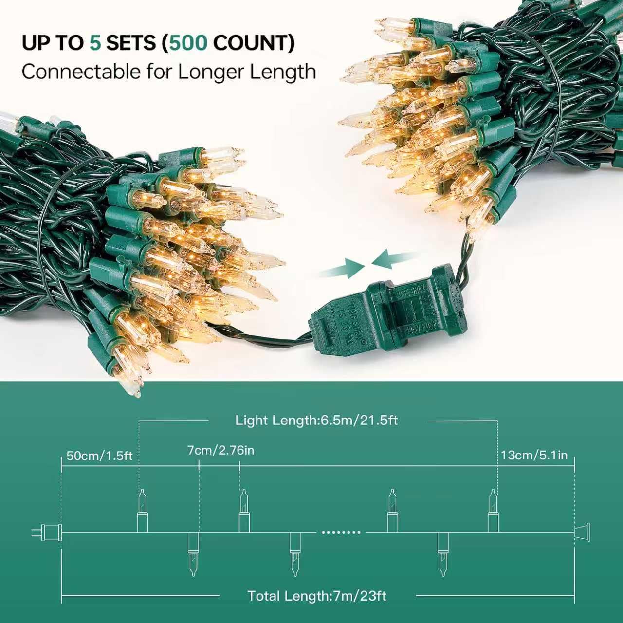 YOUNGAR Christmas Lights, Clear Outdoor Lights,2 Pack 23FT 100 Green Wire Light Connectable Incandescent Mini Light, Approved Tree Lights for Xmas