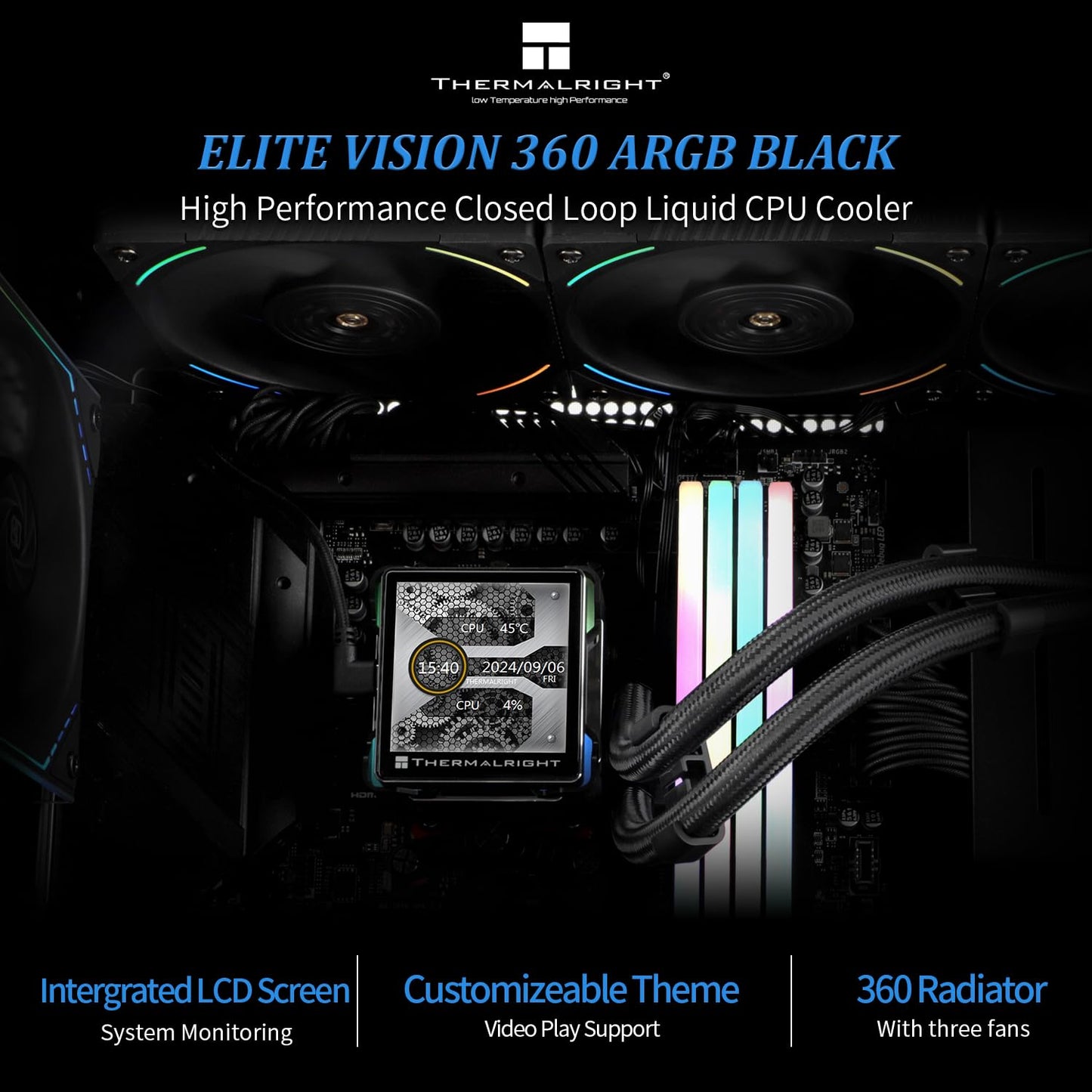 Thermalright Elite Vision 360 ARGB BLACK AIO CPU Liquid Cooler,IPS LCD Screen with 320*320 Resolution,for AM4/AM5/Intel LGA1700/1851,’2.73