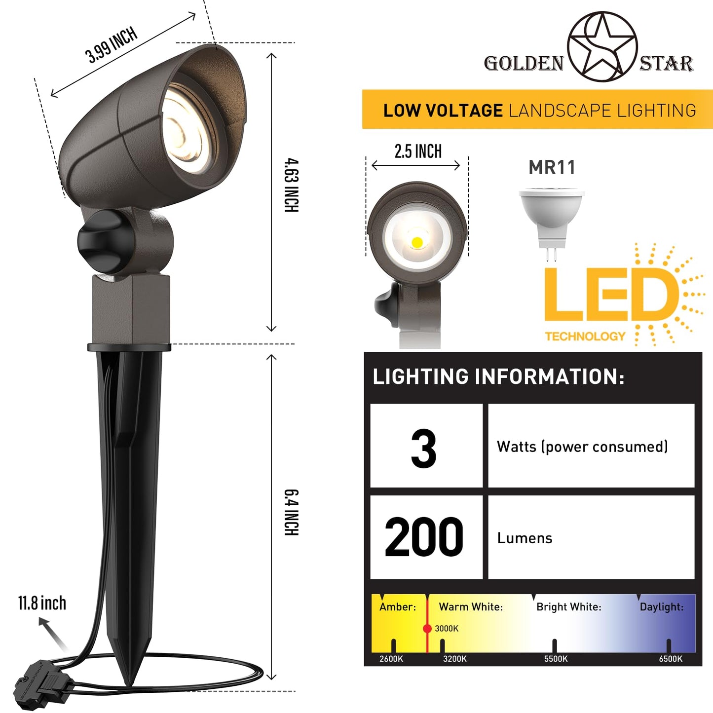 GOLDEN STAR Low Voltage Landscape Lights 3W LED Outdoor Landscape Floodlight 12V Bronze Waterproof 200Lumen Spotlight 3000K Warm White Outdoor