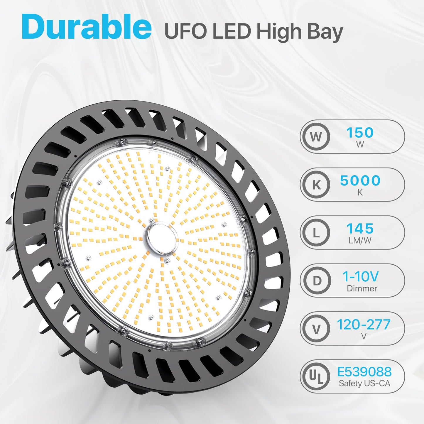HYPERLITE UFO Led High Bay Light 150W 21,750lm 5000K 1-10V Dimmable High Bay Led Lights UL Listed US Hook 5' Cable Led High Bay Lights Alternative