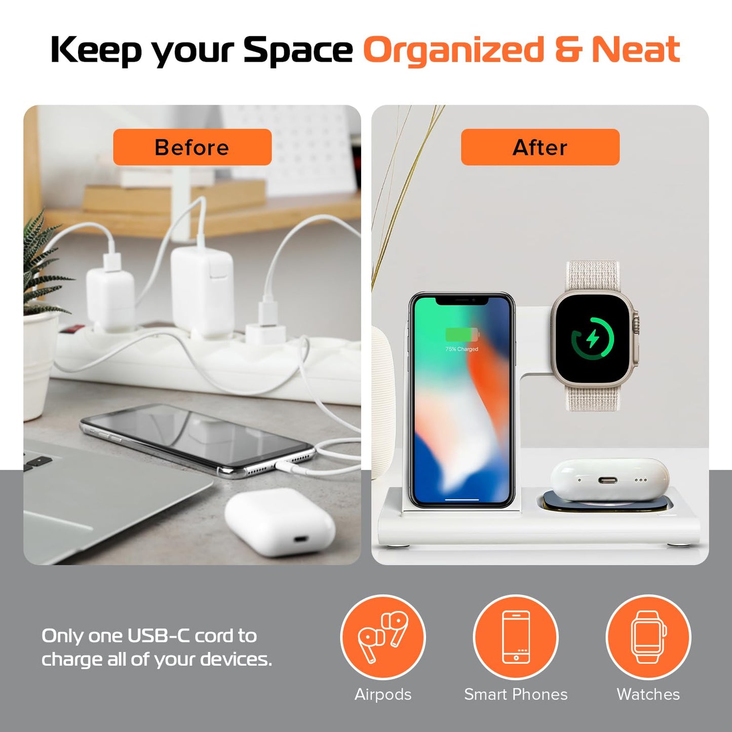 Spracht Flex Charge 3-3 in 1 Charging Station, Portable Charging Station for Smartphones, Smart Watches, Earbuds - 25W Fast Wireless Charger Stand
