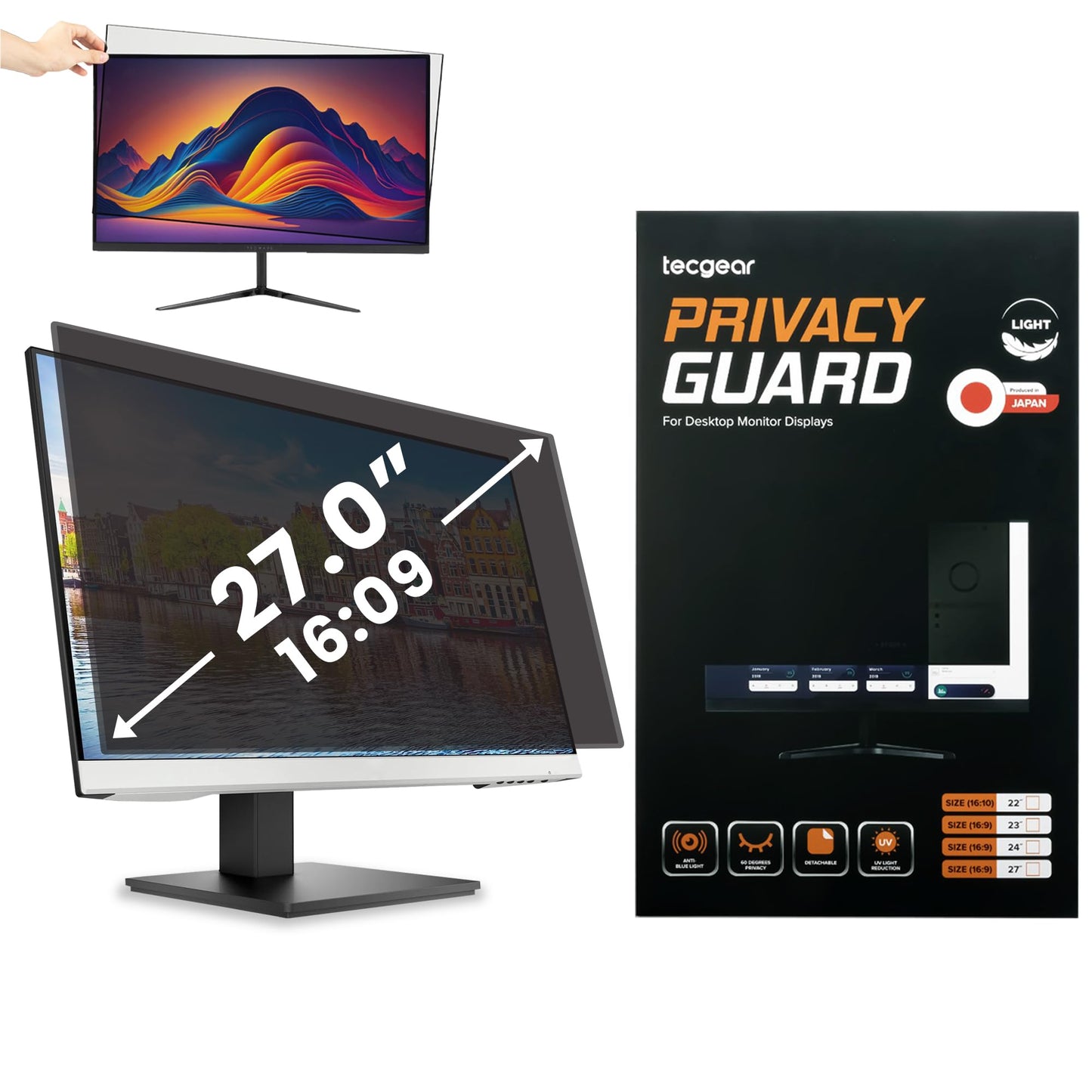 Tecgear Privacy Screen Filter 27 Inch Anti Spy Monitor Filter | Anti Glare Blue Light Blocking Screen Protector | 60 Degree Viewing Angle Computer