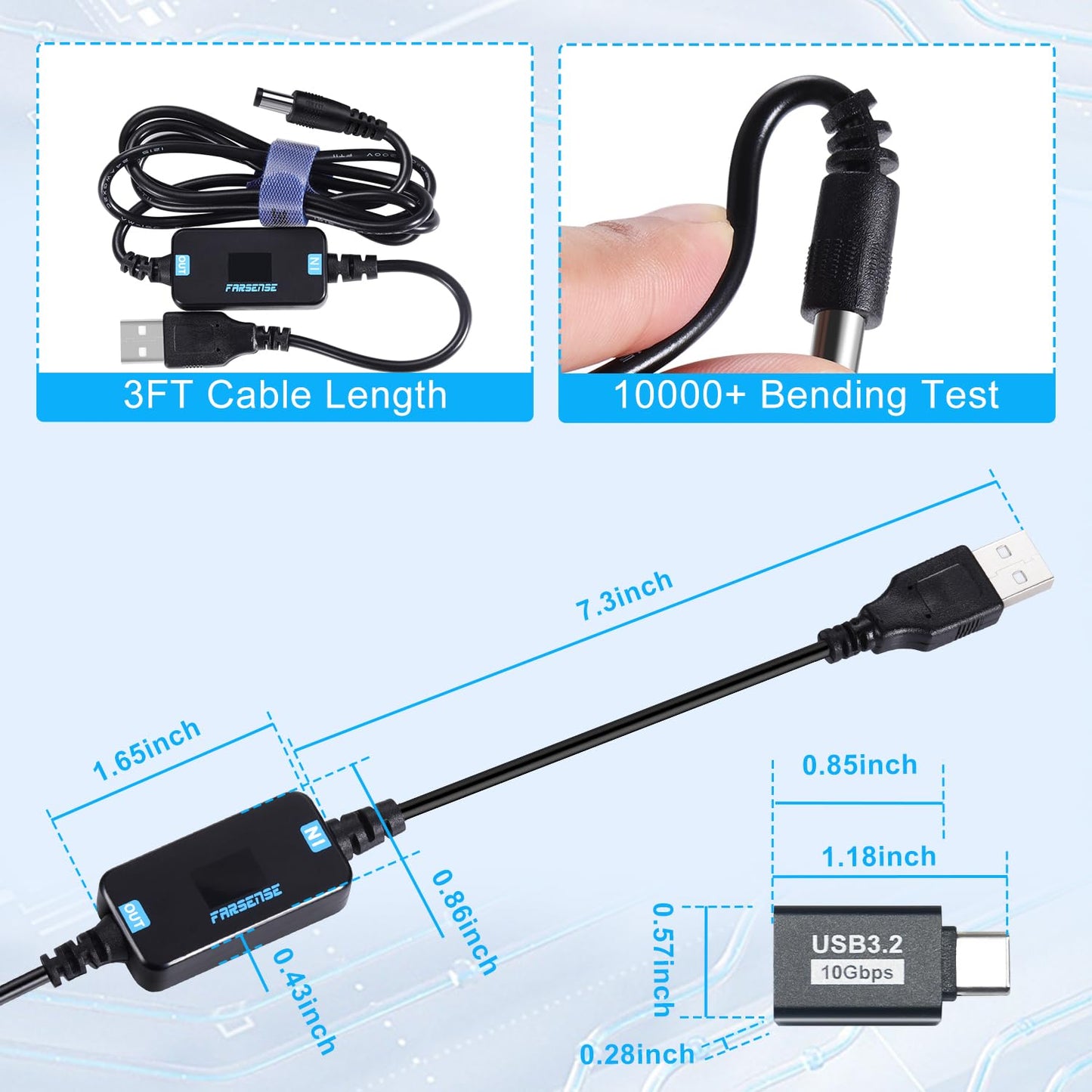 FARSENSE USB DC 5V to 12V Step Up Power Cable(3FT),USB C to DC 12V Adapter with DC Jack 5.5 x 2.5mm(Compatible with 5.5 x 2.1) and 3.5 x 1.35mm…